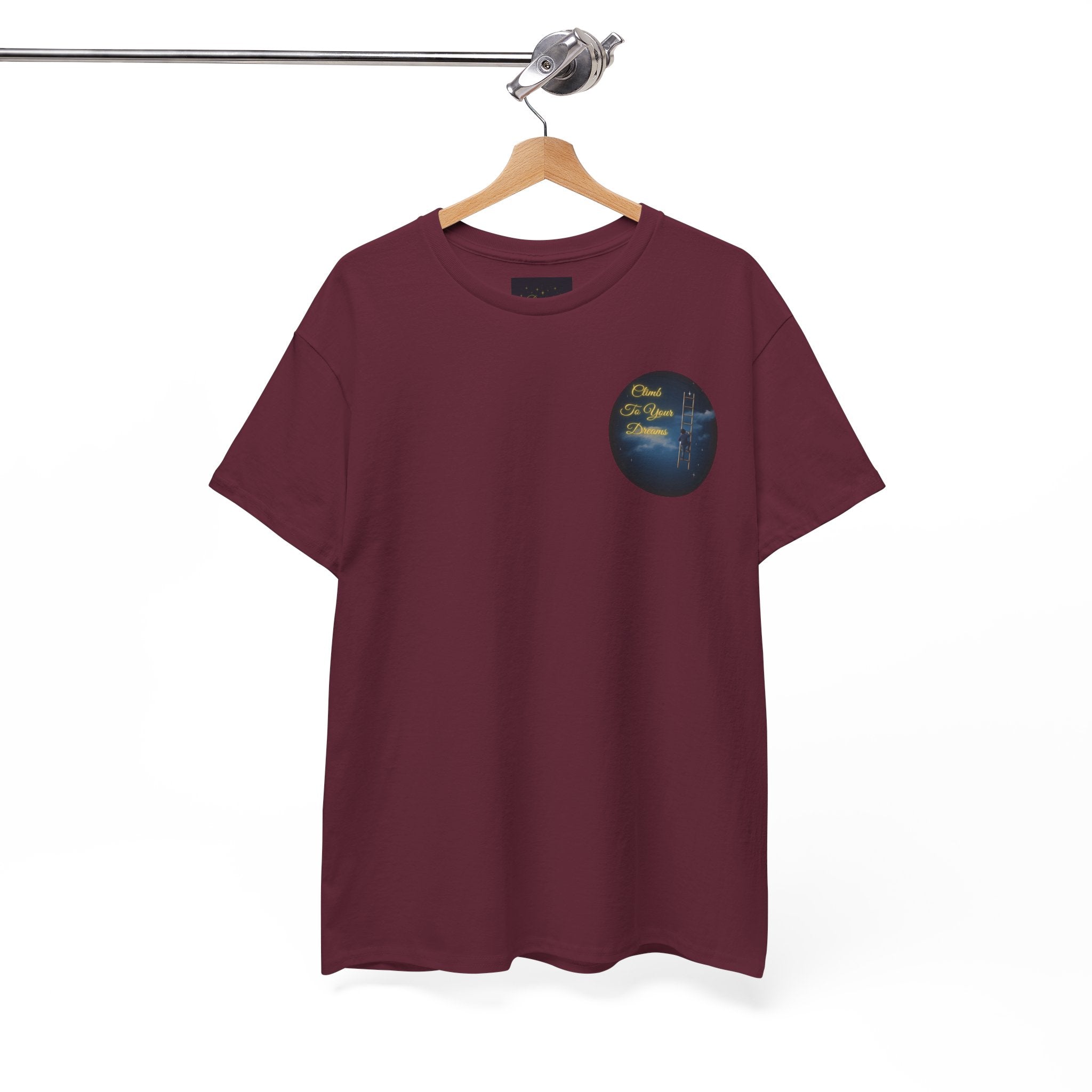 Climb To Your Dreams – Starry Night Ladder Back-Print Tee + Front Badge | Gildan 5000, Inspirational and Motivational Apparel, Gift for Dreamers, Creative Expression Wear