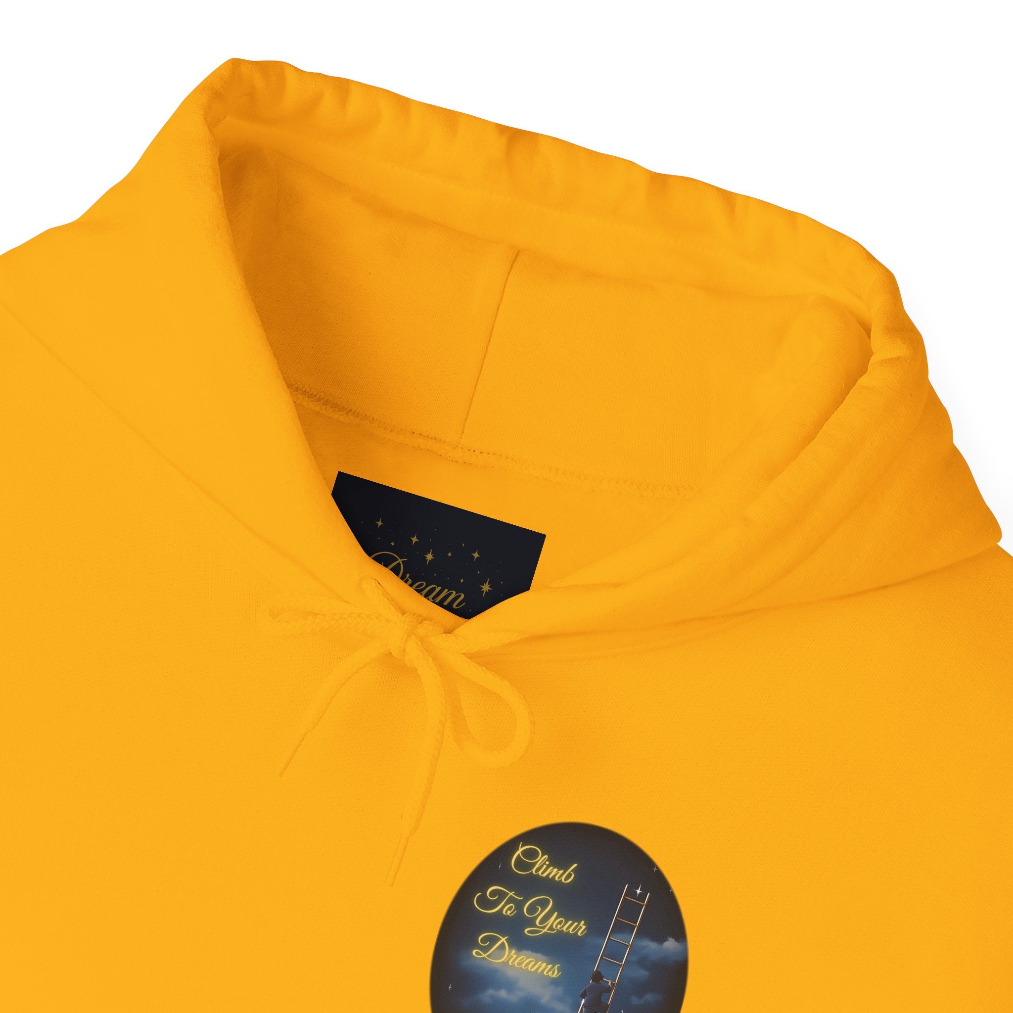 Climb To Your Dreams – Starry Night Ladder-to-Moon Back-Print Hoodie + Front Badge | Gildan 18500, Inspirational and Motivational Apparel, Gift for Dreamers, Creative Expression Wear