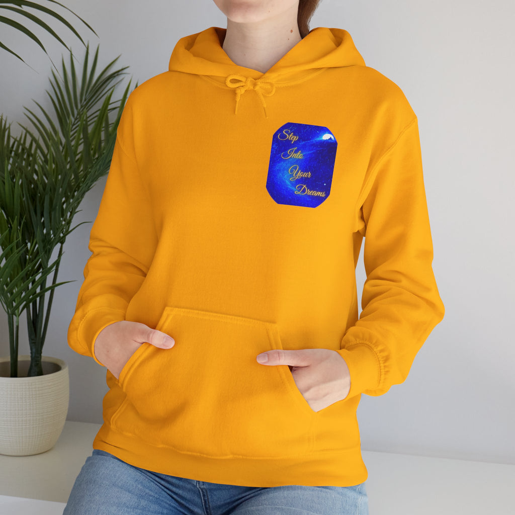 Step Into Your Dreams – Cosmic Gateway Back-print Hoodie | Tiny front badge | Gildan Heavy Blend™. Inspirational and Motivational Apparel, Gift for Dreamers, Creative Expression