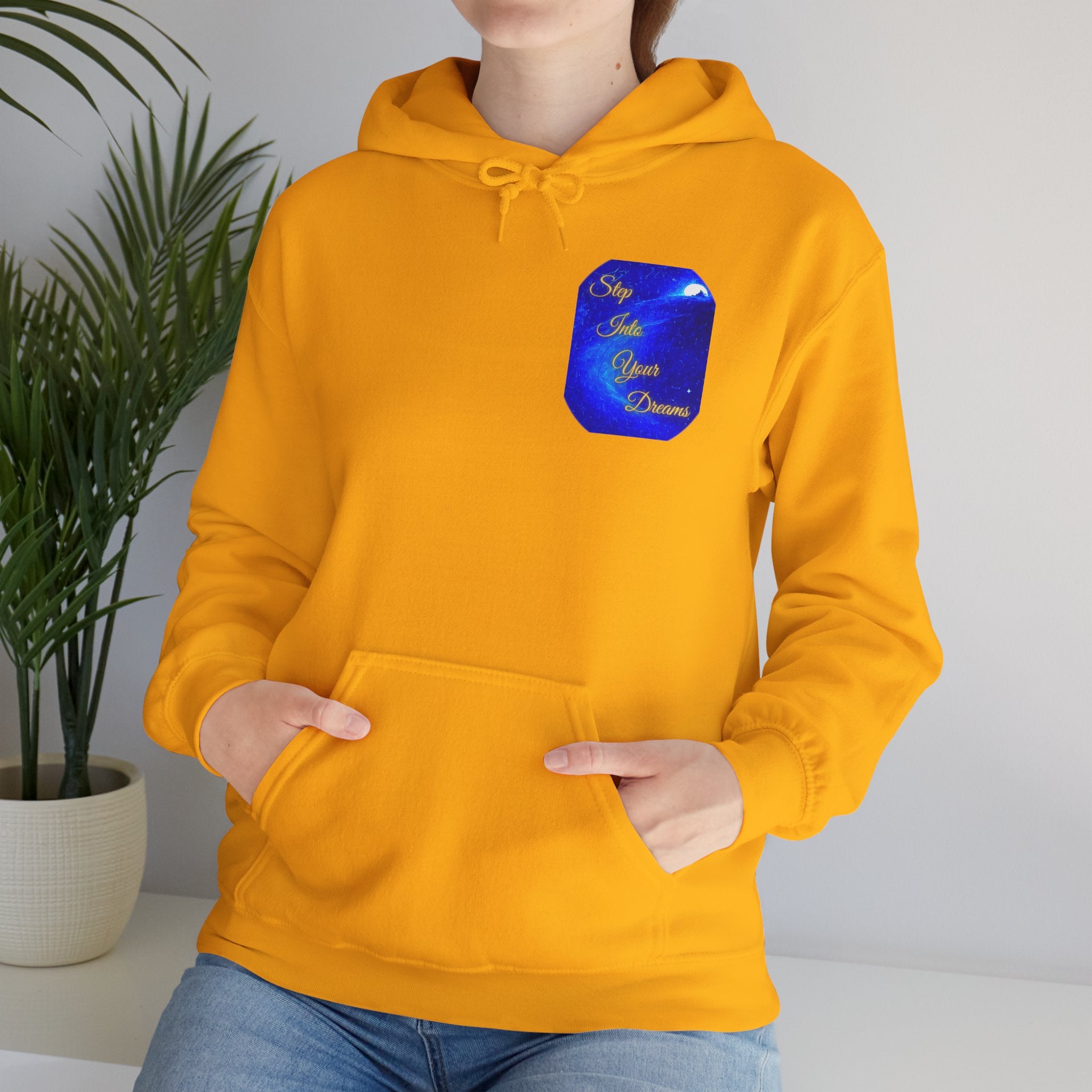 Step Into Your Dreams – Cosmic Gateway Back-print Hoodie | Tiny front badge | Gildan Heavy Blend™. Inspirational and Motivational Apparel, Gift for Dreamers, Creative Expression
