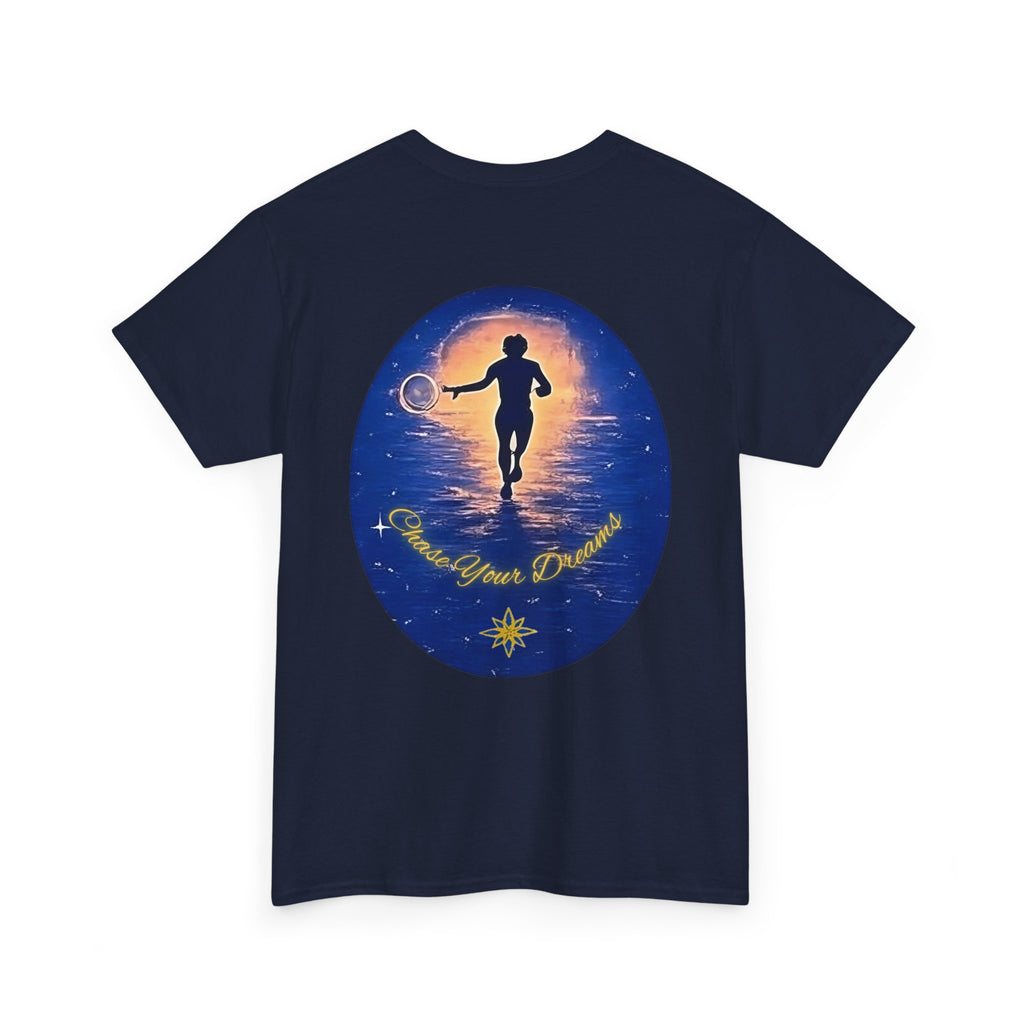 Chase Your Dreams – Sunrise Silhouette Back Printed Heavy Cotton Tee, Inspirational and Motivational Apparel, Gift for Dreamers, Creative Expression Wear