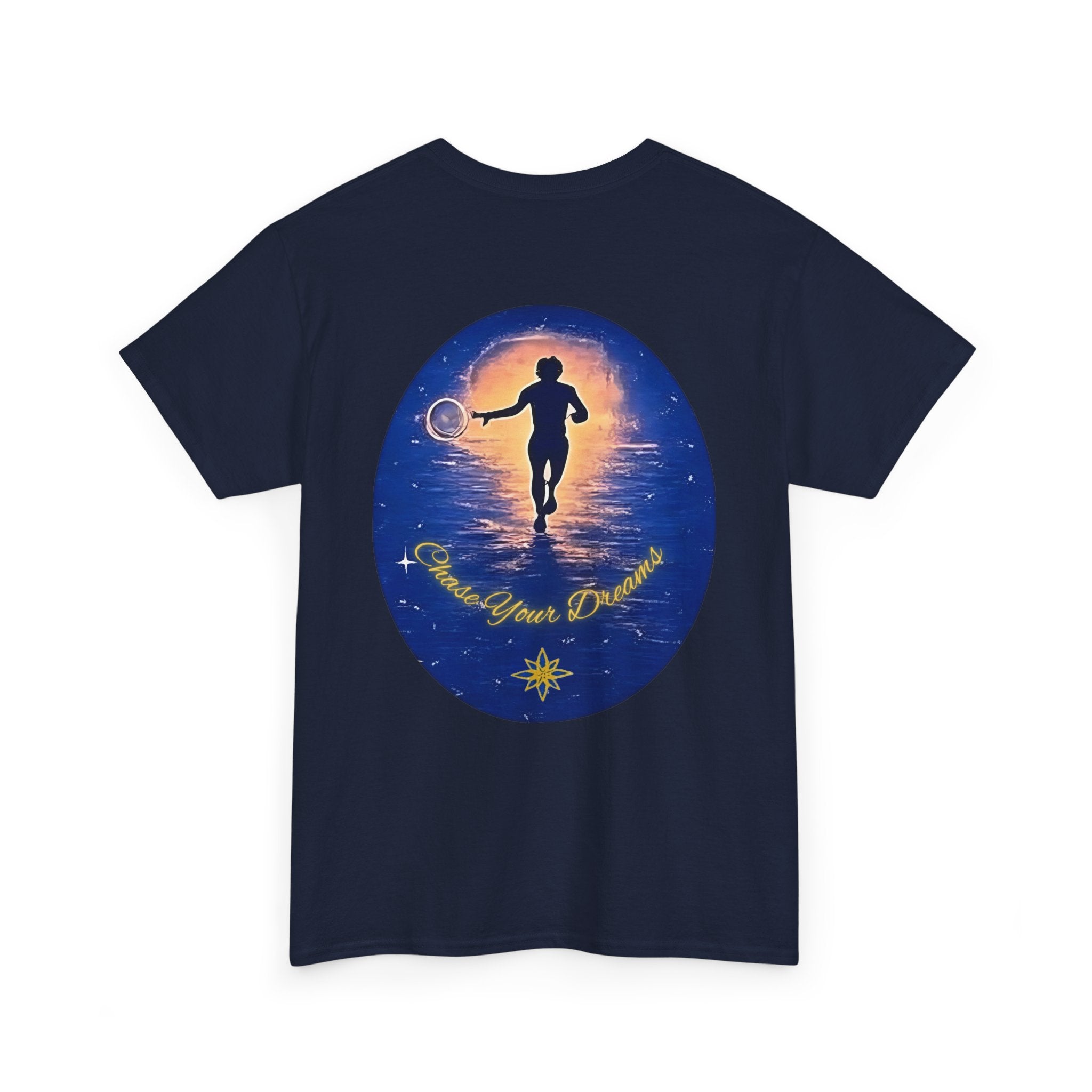 Chase Your Dreams – Sunrise Silhouette Back Printed Heavy Cotton Tee, Inspirational and Motivational Apparel, Gift for Dreamers, Creative Expression Wear