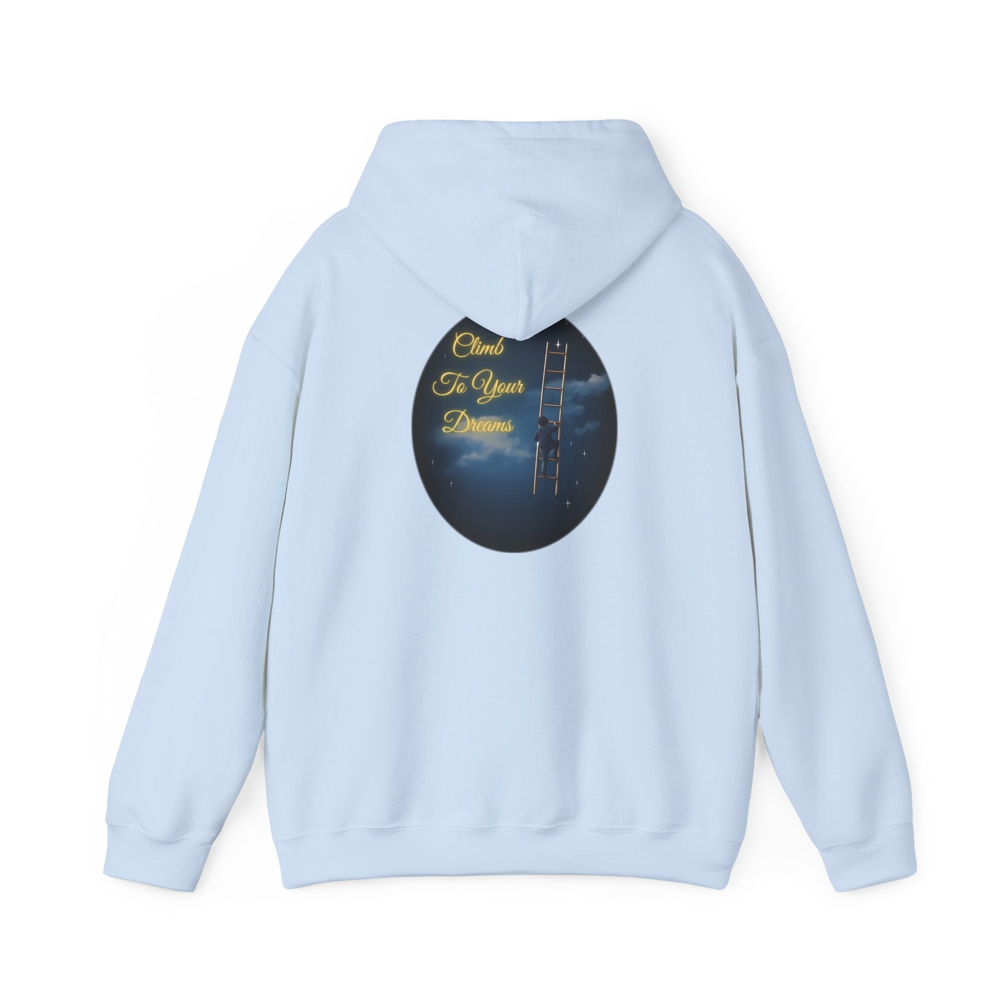 Climb To Your Dreams – Starry Night Ladder-to-Moon Back-Print Hoodie + Front Badge | Gildan 18500, Inspirational and Motivational Apparel, Gift for Dreamers, Creative Expression Wear