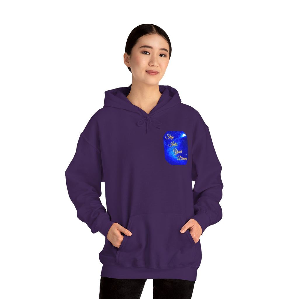 Step Into Your Dreams – Cosmic Gateway Back-print Hoodie | Tiny front badge | Gildan Heavy Blend™. Inspirational and Motivational Apparel, Gift for Dreamers, Creative Expression