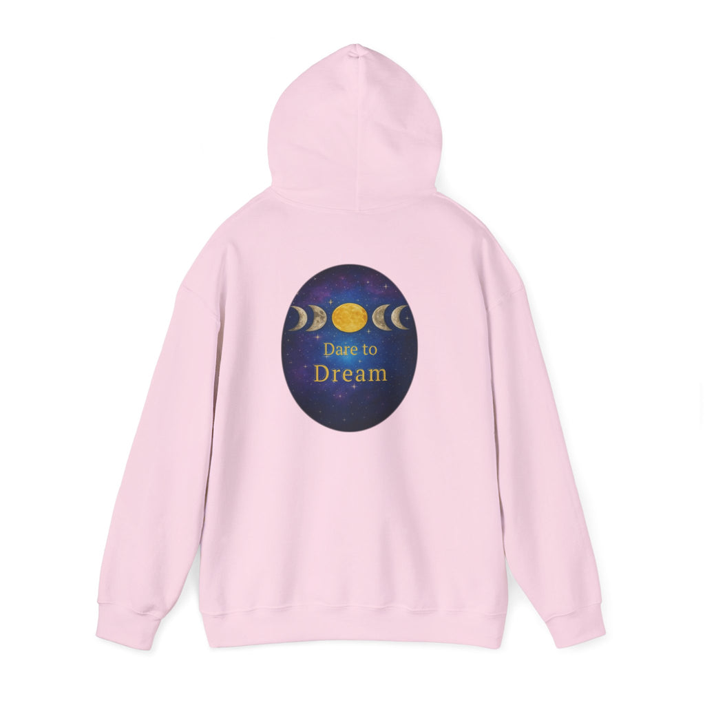 Dare to Dream Moon-Phase Hoodie | Back Glow Print + Front Badge | Heavy Blend™, Inspirational and Motivational Apparel, Gift for Dreamers, Creative Expression Wear