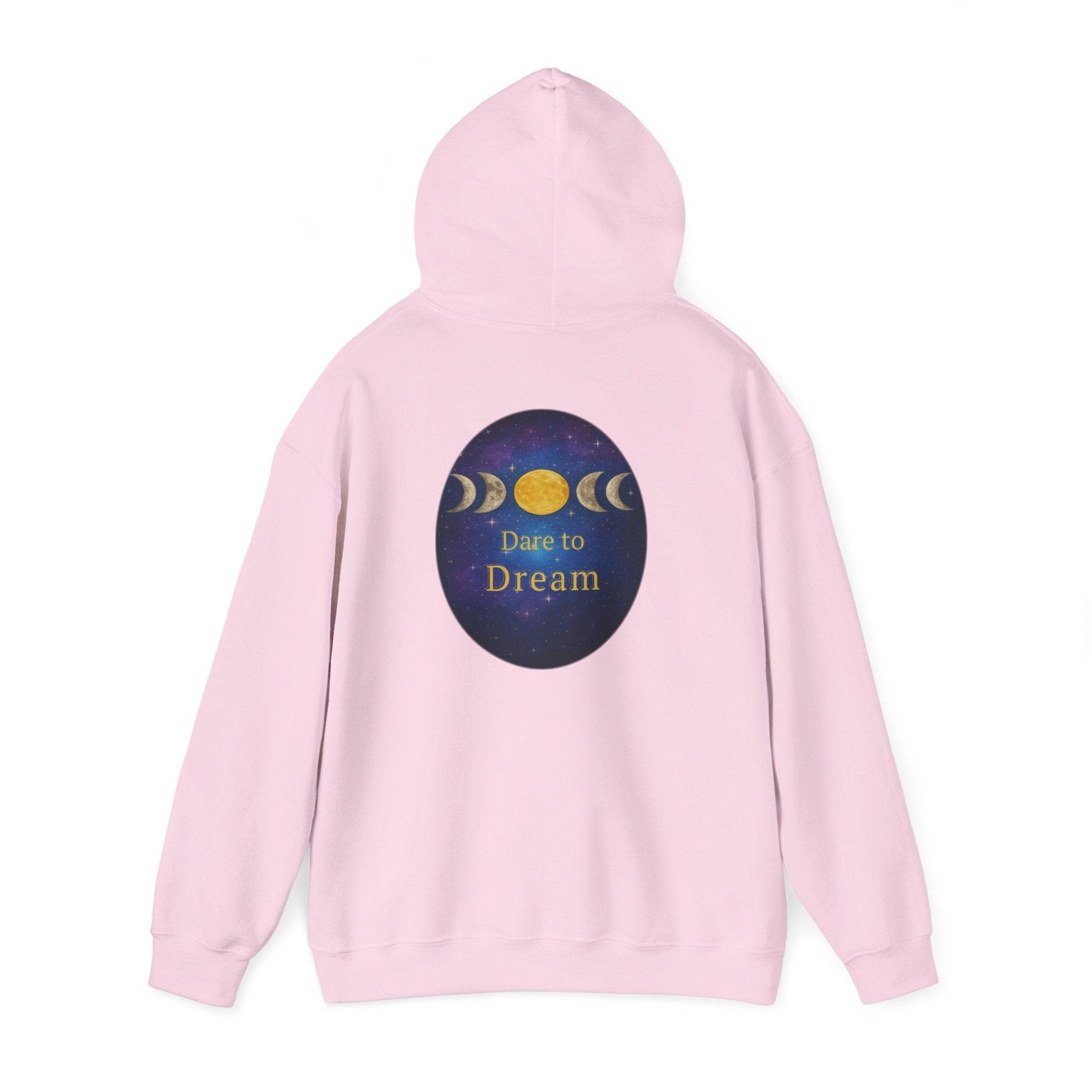 Dare to Dream Moon-Phase Hoodie | Back Glow Print + Front Badge | Heavy Blend™, Inspirational and Motivational Apparel, Gift for Dreamers, Creative Expression Wear