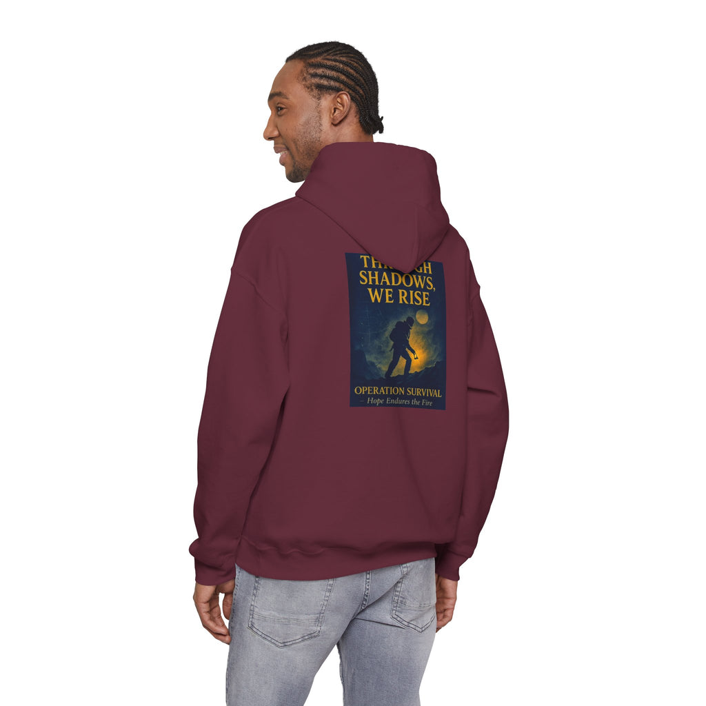 Through Shadows, We Rise – Back-print Cinematic Artwork Operation Survival Hoodie  | Gildan Heavy Blend™ 18500 — Inspirational and Motivational Apparel, Gift for Dreamers, Creative Expression Wear