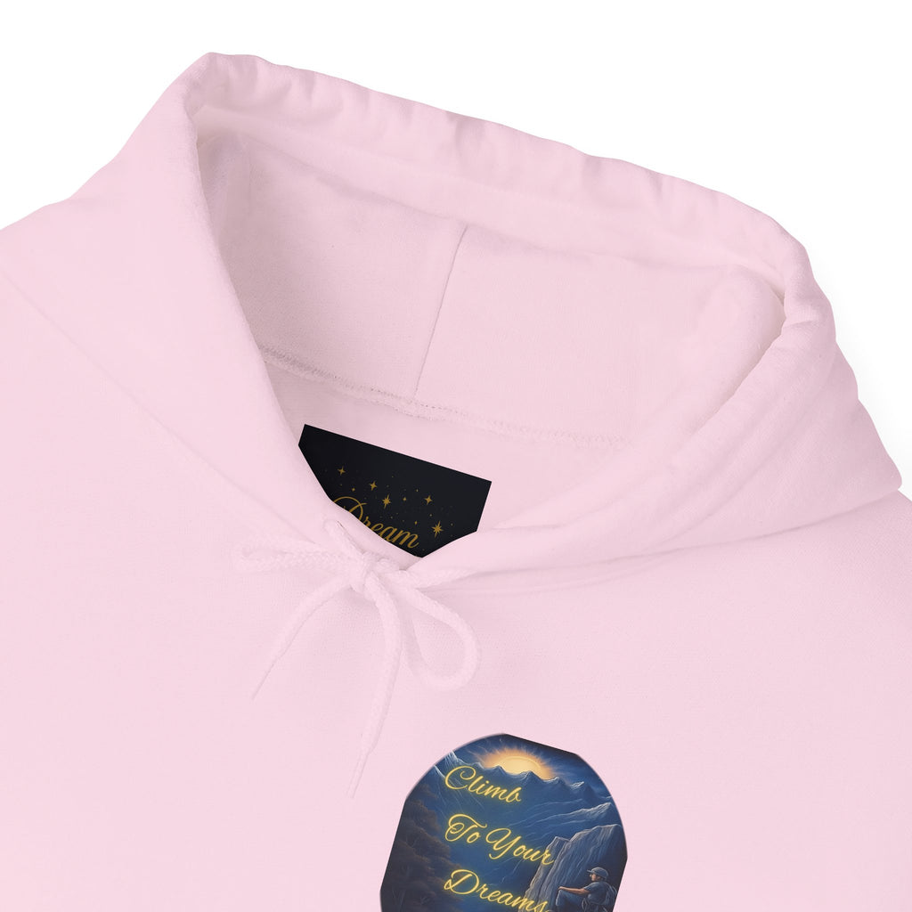Climb To Your Dreams - Mountain Sunrise Hoodie | Back Glow Print + Front Badge | Heavy Blend™, Inspirational and Motivational Apparel, Gift for Dreamers, Creative Expression Wear