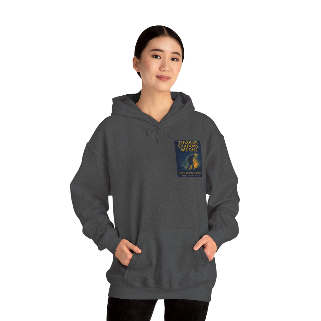 Through Shadows, We Rise – Back-print Cinematic Artwork Operation Survival Hoodie  | Gildan Heavy Blend™ 18500 — Inspirational and Motivational Apparel, Gift for Dreamers, Creative Expression Wear