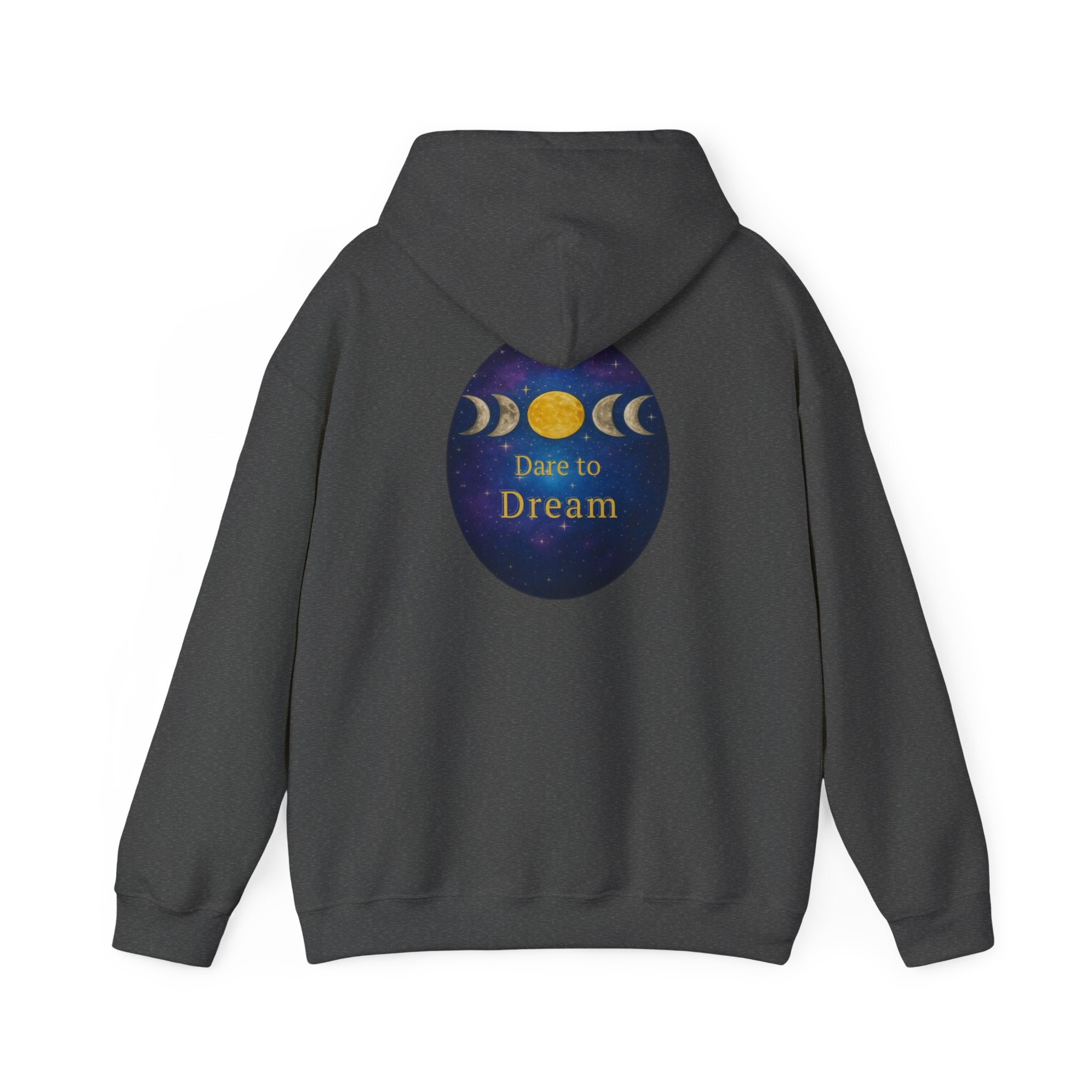 Dare to Dream Moon-Phase Hoodie | Back Glow Print + Front Badge | Heavy Blend™, Inspirational and Motivational Apparel, Gift for Dreamers, Creative Expression Wear
