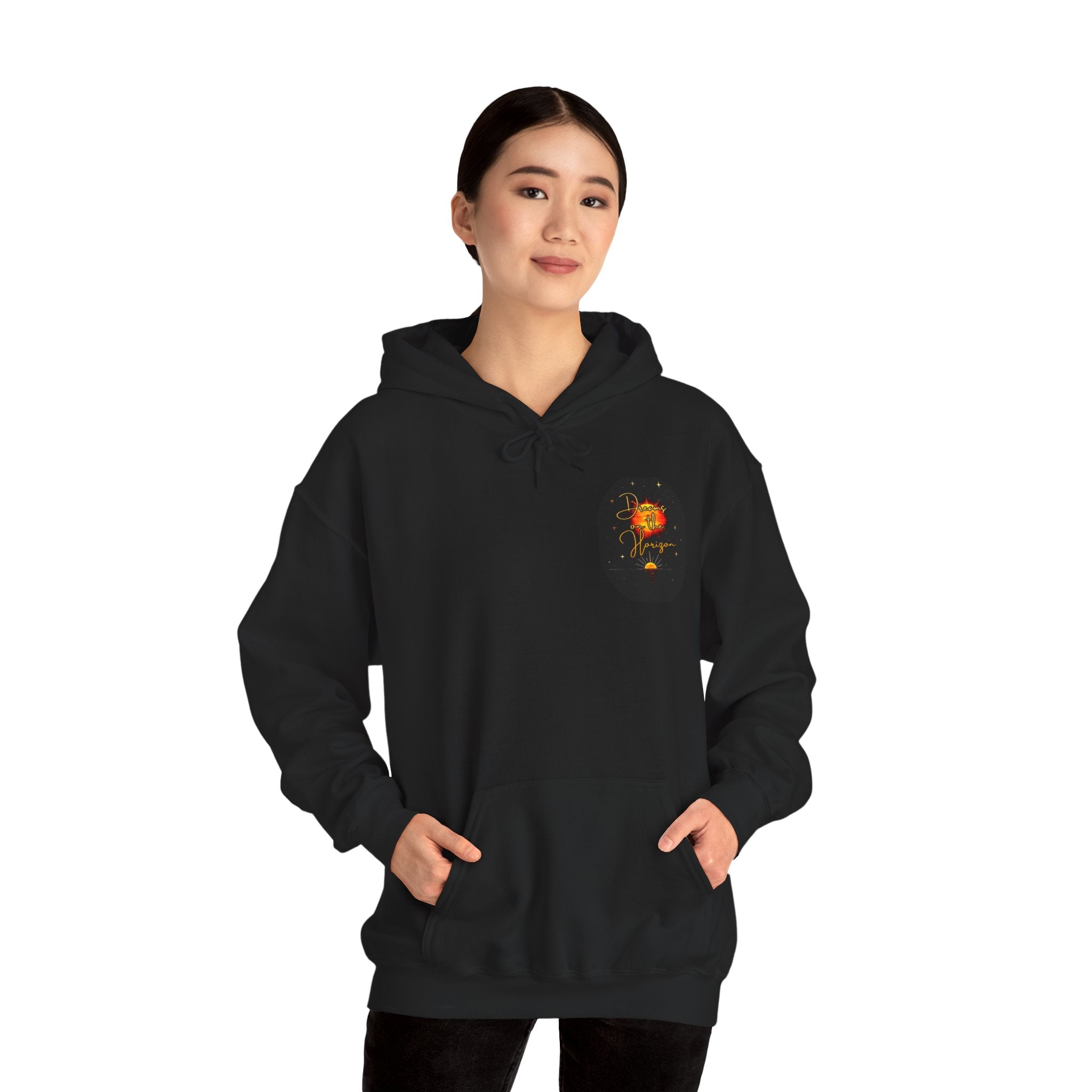 Dreams on the Horizon Sunrise Back Print Hooded Sweatshirt, Inspirational and Motivational Apparel, Gift for Dreamers, Creative Expression Wear