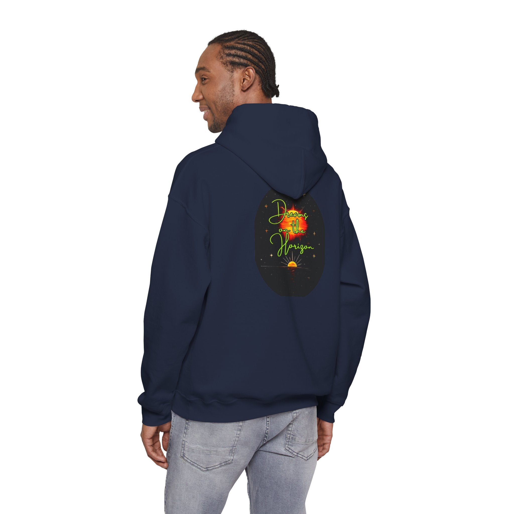 Dreams on the Horizon (Lemongrass) Sunrise Back Print Hooded Sweatshirt, Inspirational and Motivational Apparel, Gift for Dreamers, Creative Expression Wear