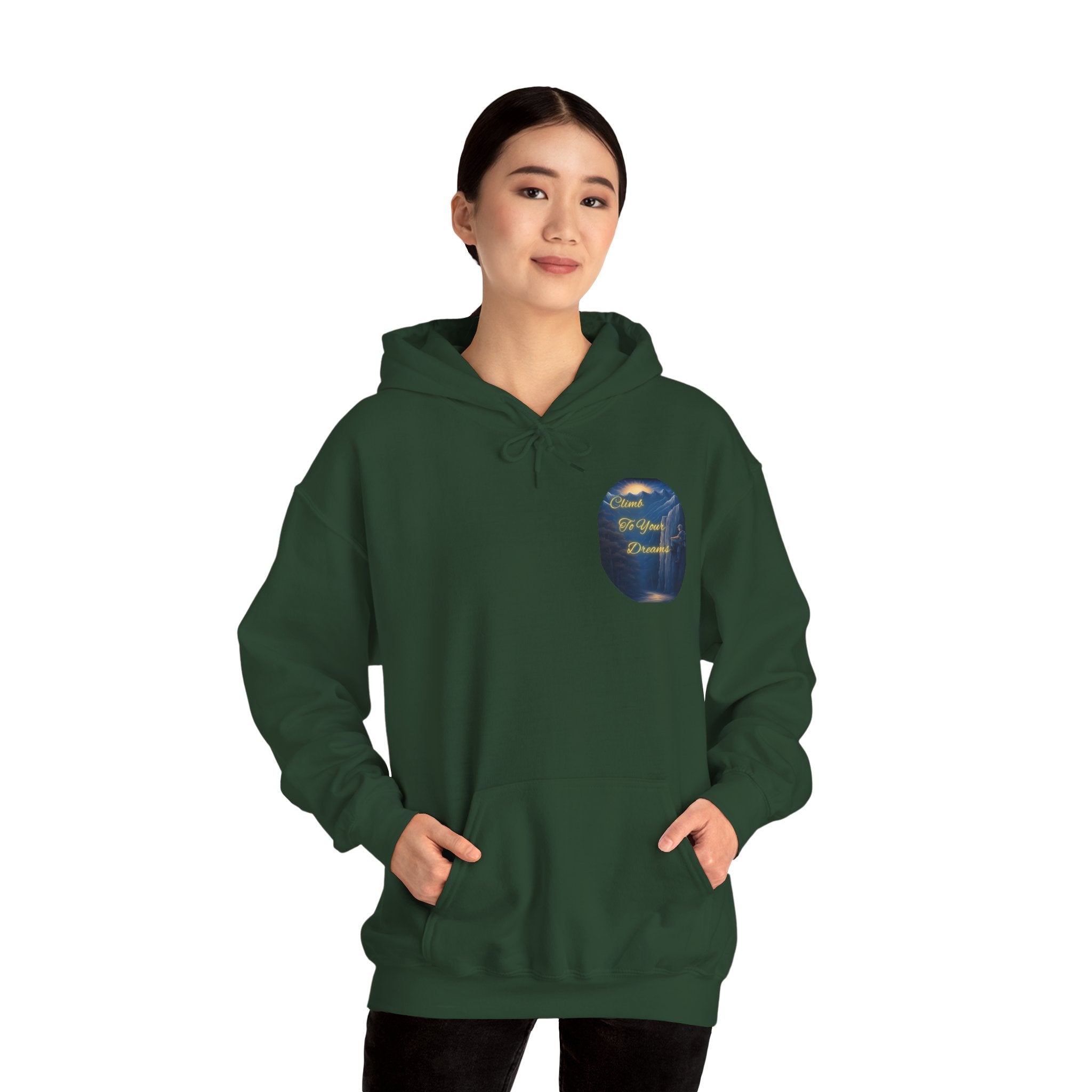 Climb To Your Dreams - Mountain Sunrise Hoodie | Back Glow Print + Front Badge | Heavy Blend™, Inspirational and Motivational Apparel, Gift for Dreamers, Creative Expression Wear
