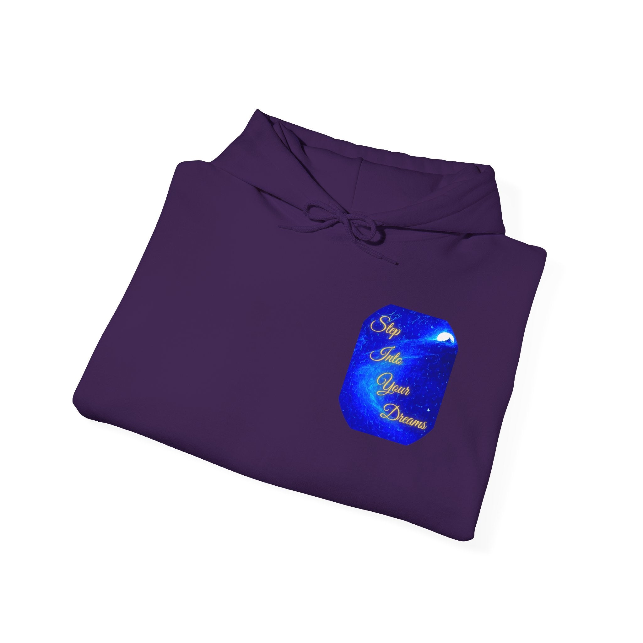 Step Into Your Dreams – Cosmic Gateway Back-print Hoodie | Tiny front badge | Gildan Heavy Blend™. Inspirational and Motivational Apparel, Gift for Dreamers, Creative Expression