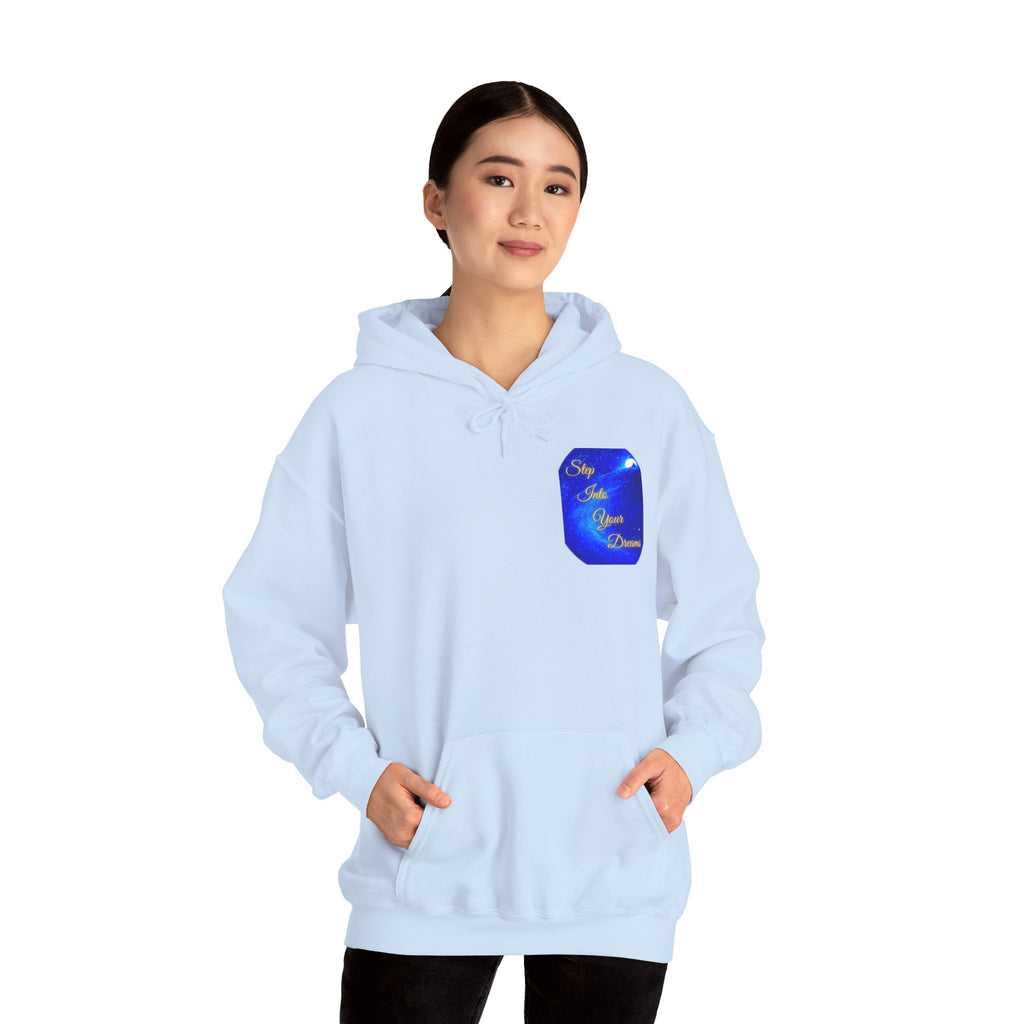 Step Into Your Dreams – Cosmic Gateway Back-print Hoodie | Tiny front badge | Gildan Heavy Blend™. Inspirational and Motivational Apparel, Gift for Dreamers, Creative Expression