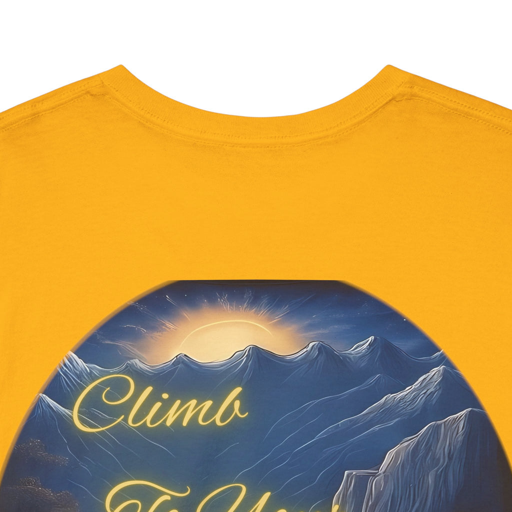 Climb To Your Dreams – Rock Climber Back-Print Tee + Front Badge | Gildan 5000, Inspirational and Motivational Apparel, Gift for Dreamers, Creative Expression Wear