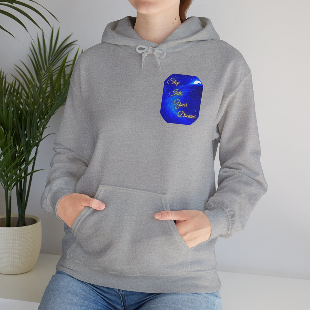 Step Into Your Dreams – Cosmic Gateway Back-print Hoodie | Tiny front badge | Gildan Heavy Blend™. Inspirational and Motivational Apparel, Gift for Dreamers, Creative Expression