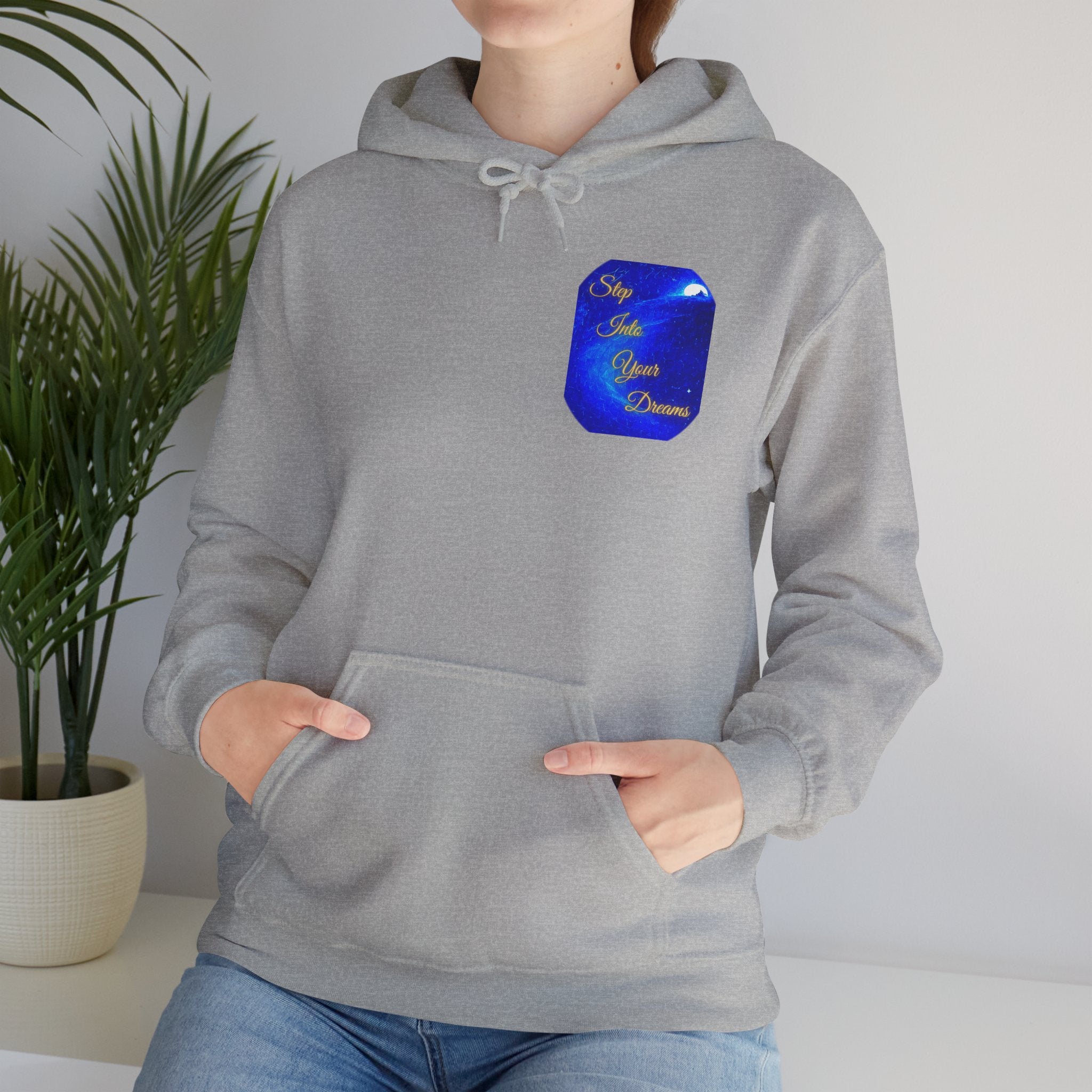 Step Into Your Dreams – Cosmic Gateway Back-print Hoodie | Tiny front badge | Gildan Heavy Blend™. Inspirational and Motivational Apparel, Gift for Dreamers, Creative Expression