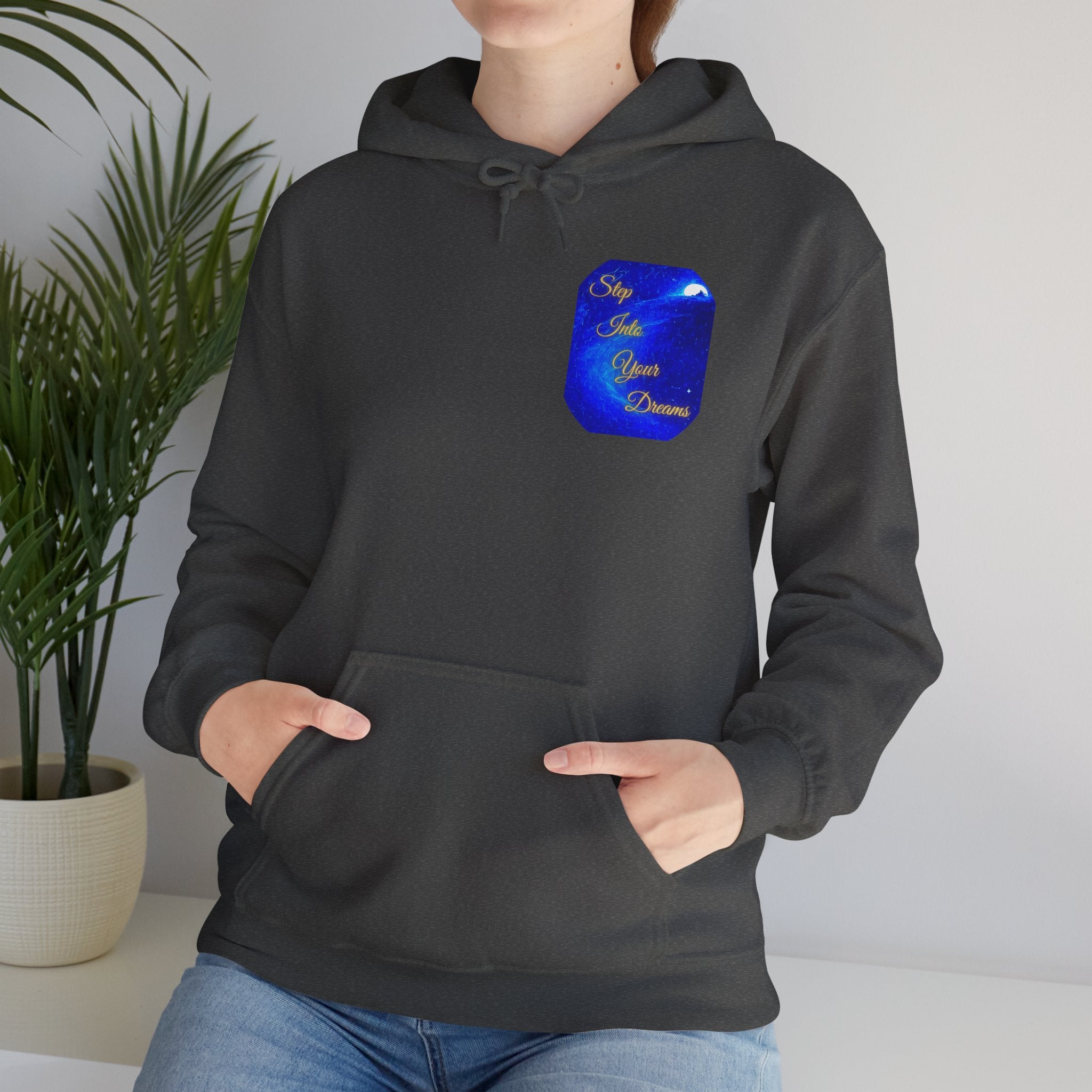 Step Into Your Dreams – Cosmic Gateway Back-print Hoodie | Tiny front badge | Gildan Heavy Blend™. Inspirational and Motivational Apparel, Gift for Dreamers, Creative Expression