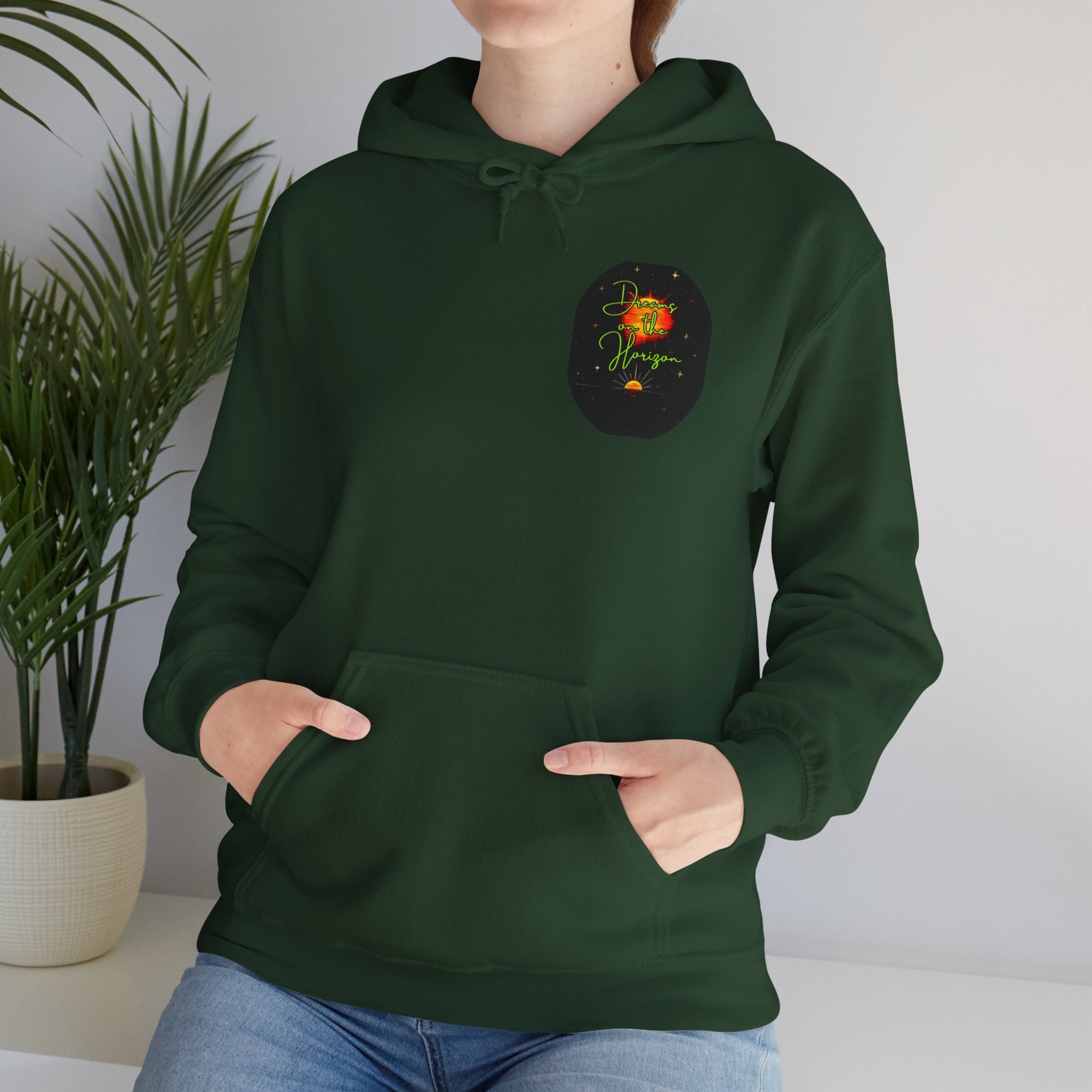 Dreams on the Horizon (Lemongrass) Sunrise Back Print Hooded Sweatshirt, Inspirational and Motivational Apparel, Gift for Dreamers, Creative Expression Wear