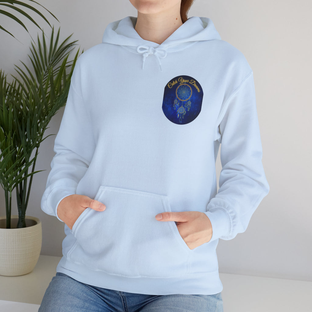 Catch Your Dream – Dreamcatcher Back Print Hooded Sweatshirt, Inspirational and Motivational Apparel, Gift for Dreamers, Creative Expression Wear