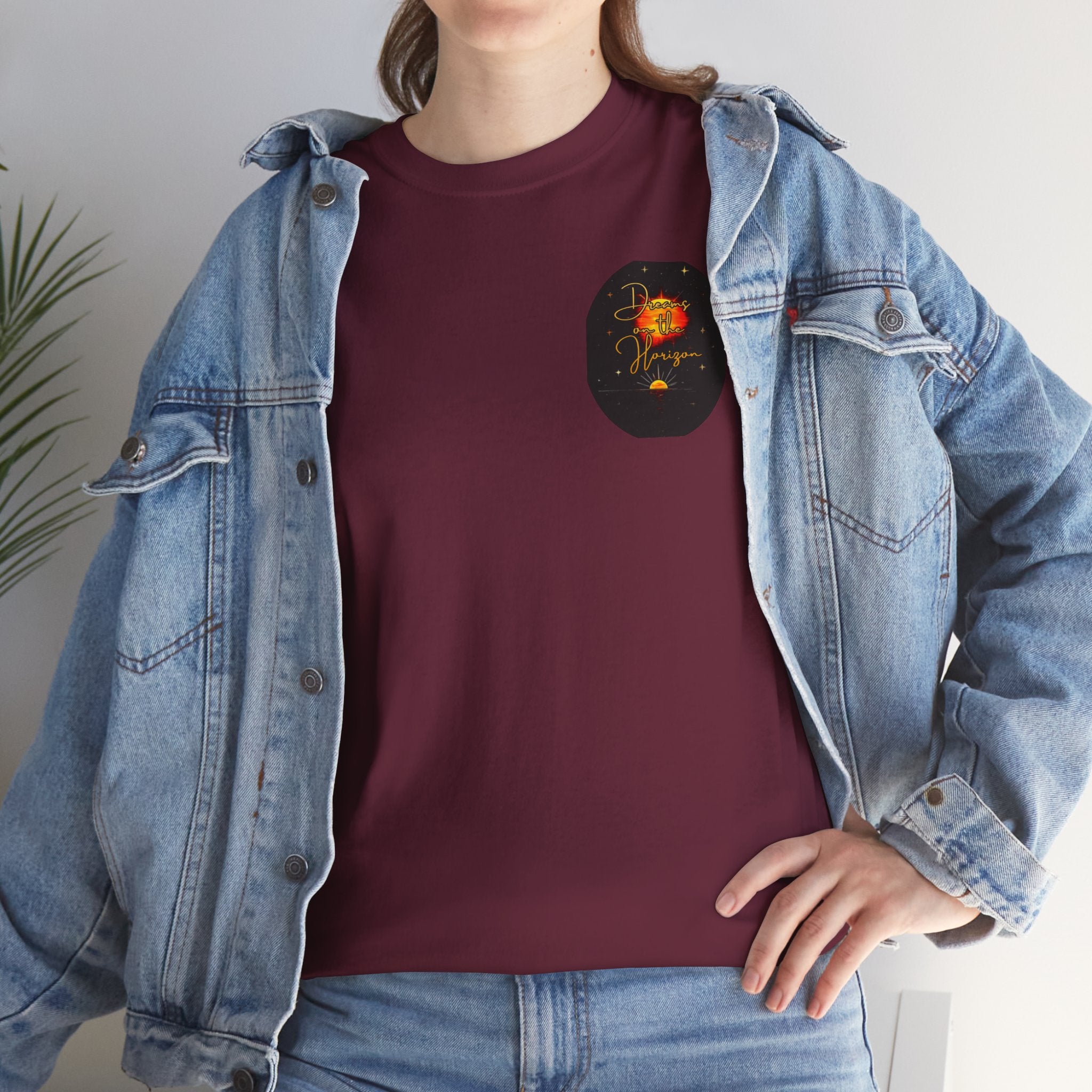 Dreams on the Horizon – Sunrise Back-Print Heavy Cotton Tee, Inspirational and Motivational Apparel, Gift for Dreamers, Creative Expression Wear