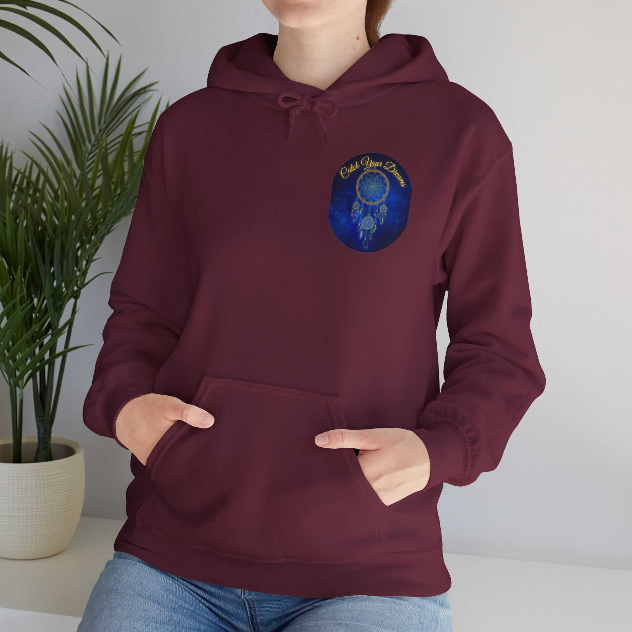 Catch Your Dream – Dreamcatcher Back Print Hooded Sweatshirt, Inspirational and Motivational Apparel, Gift for Dreamers, Creative Expression Wear