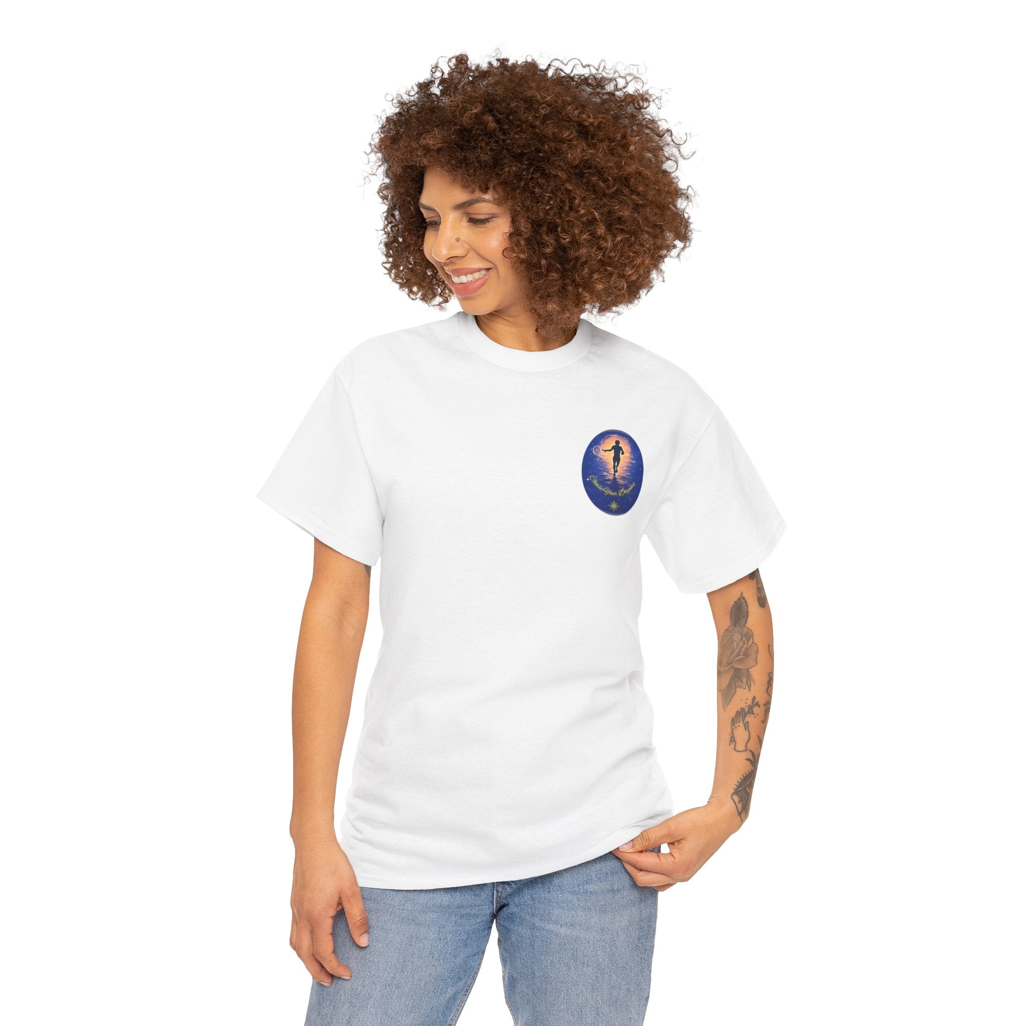 Chase Your Dreams – Sunrise Silhouette Back Printed Heavy Cotton Tee, Inspirational and Motivational Apparel, Gift for Dreamers, Creative Expression Wear