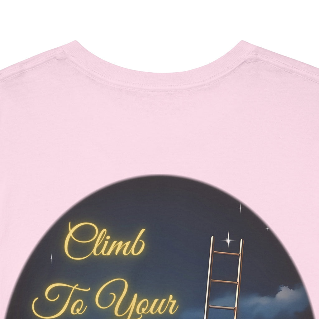Climb To Your Dreams – Starry Night Ladder Back-Print Tee + Front Badge | Gildan 5000, Inspirational and Motivational Apparel, Gift for Dreamers, Creative Expression Wear