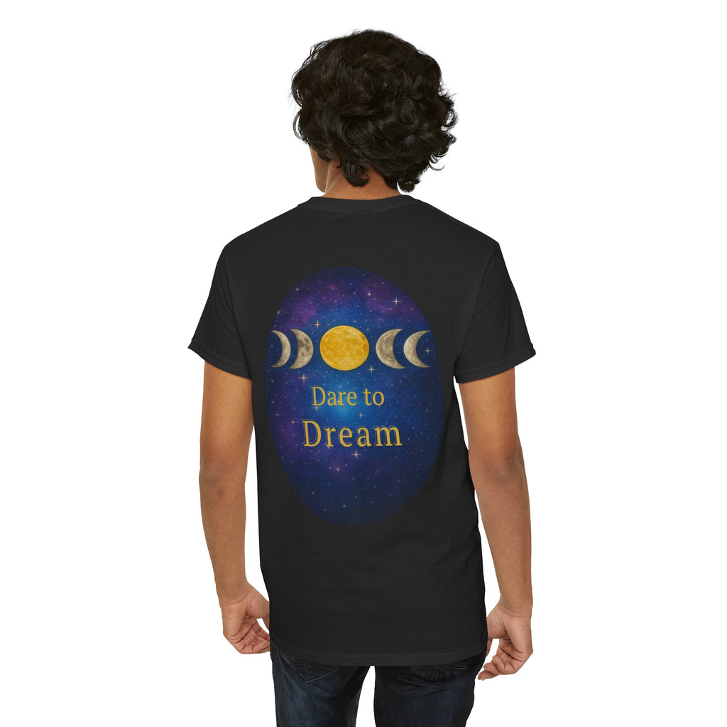 Dare to Dream Moon-Phase Tee – Golden Full Moon Back Print + Front Badge | Gildan 5000 Heavy Cotton, Inspirational and Motivational Apparel, Gift for Dreamers, Creative Expression Wear