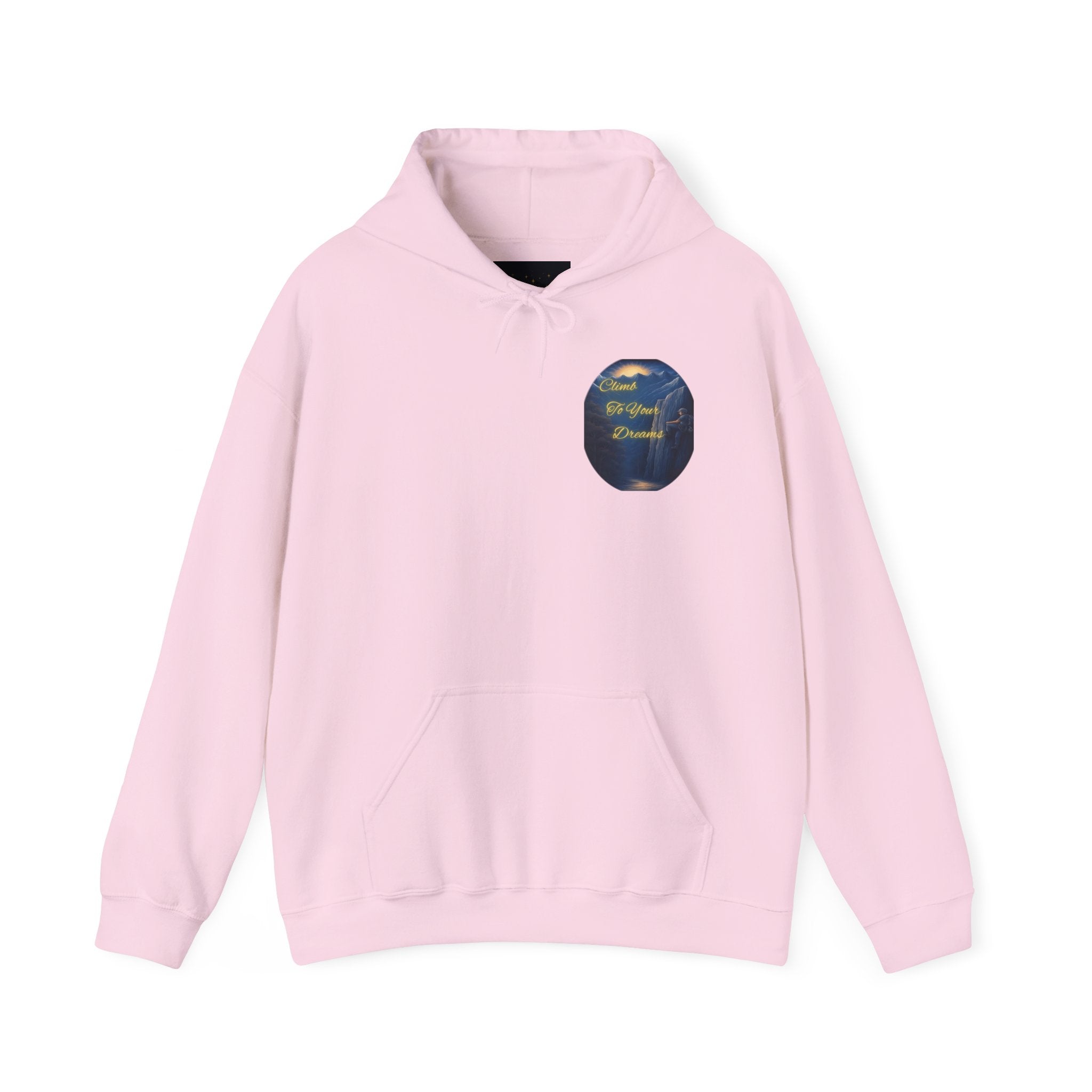 Climb To Your Dreams - Mountain Sunrise Hoodie | Back Glow Print + Front Badge | Heavy Blend™, Inspirational and Motivational Apparel, Gift for Dreamers, Creative Expression Wear
