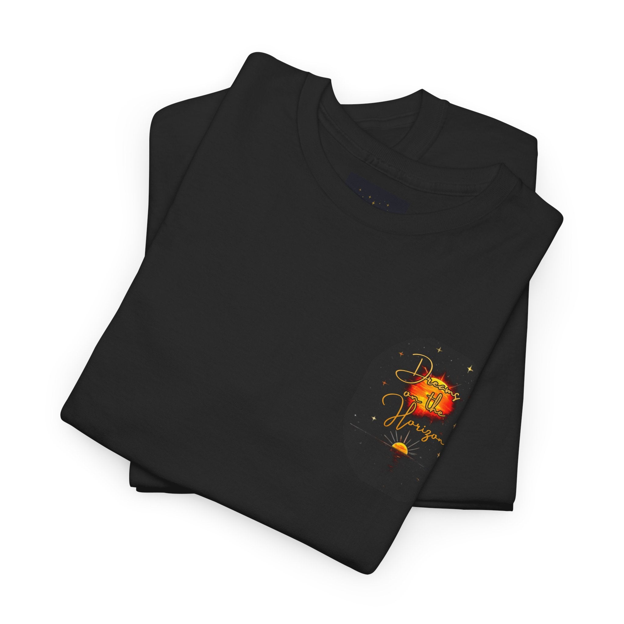 Dreams on the Horizon – Sunrise Back-Print Heavy Cotton Tee, Inspirational and Motivational Apparel, Gift for Dreamers, Creative Expression Wear