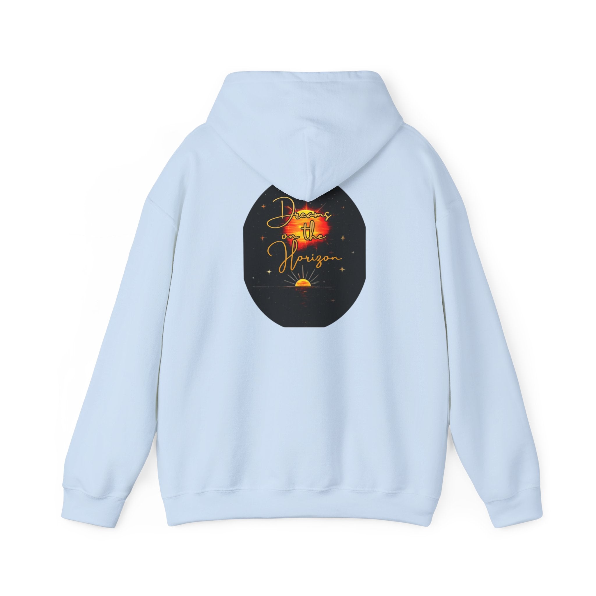 Dreams on the Horizon Sunrise Back Print Hooded Sweatshirt, Inspirational and Motivational Apparel, Gift for Dreamers, Creative Expression Wear