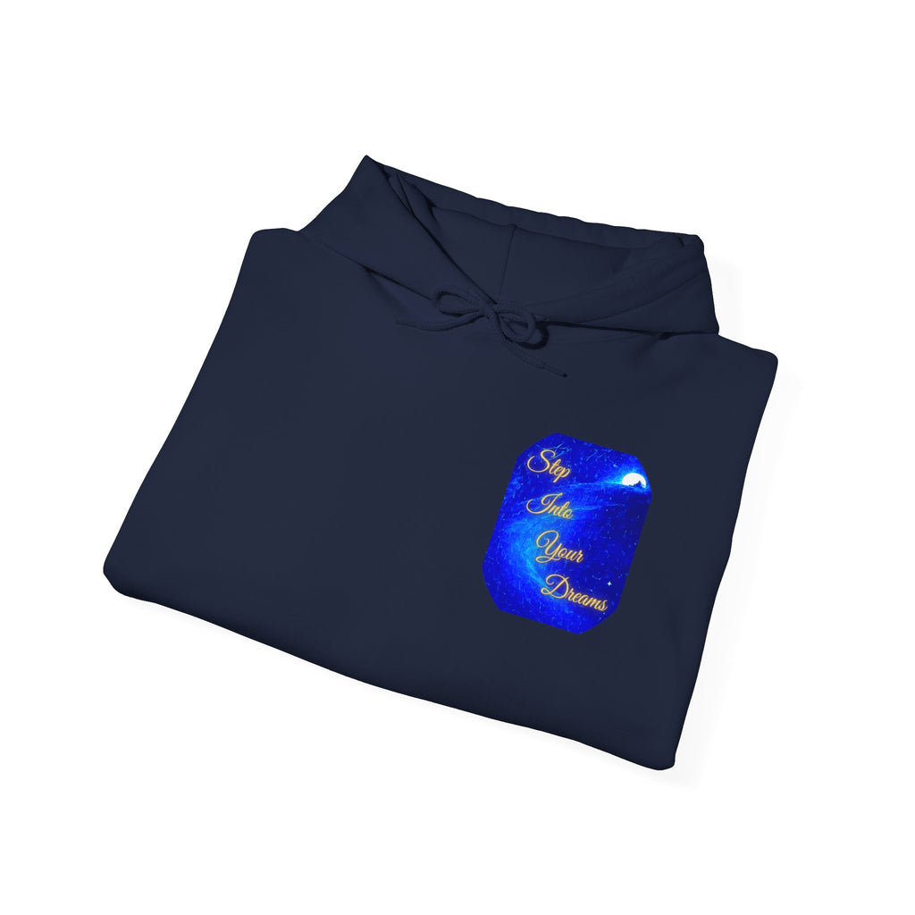 Step Into Your Dreams – Cosmic Gateway Back-print Hoodie | Tiny front badge | Gildan Heavy Blend™. Inspirational and Motivational Apparel, Gift for Dreamers, Creative Expression