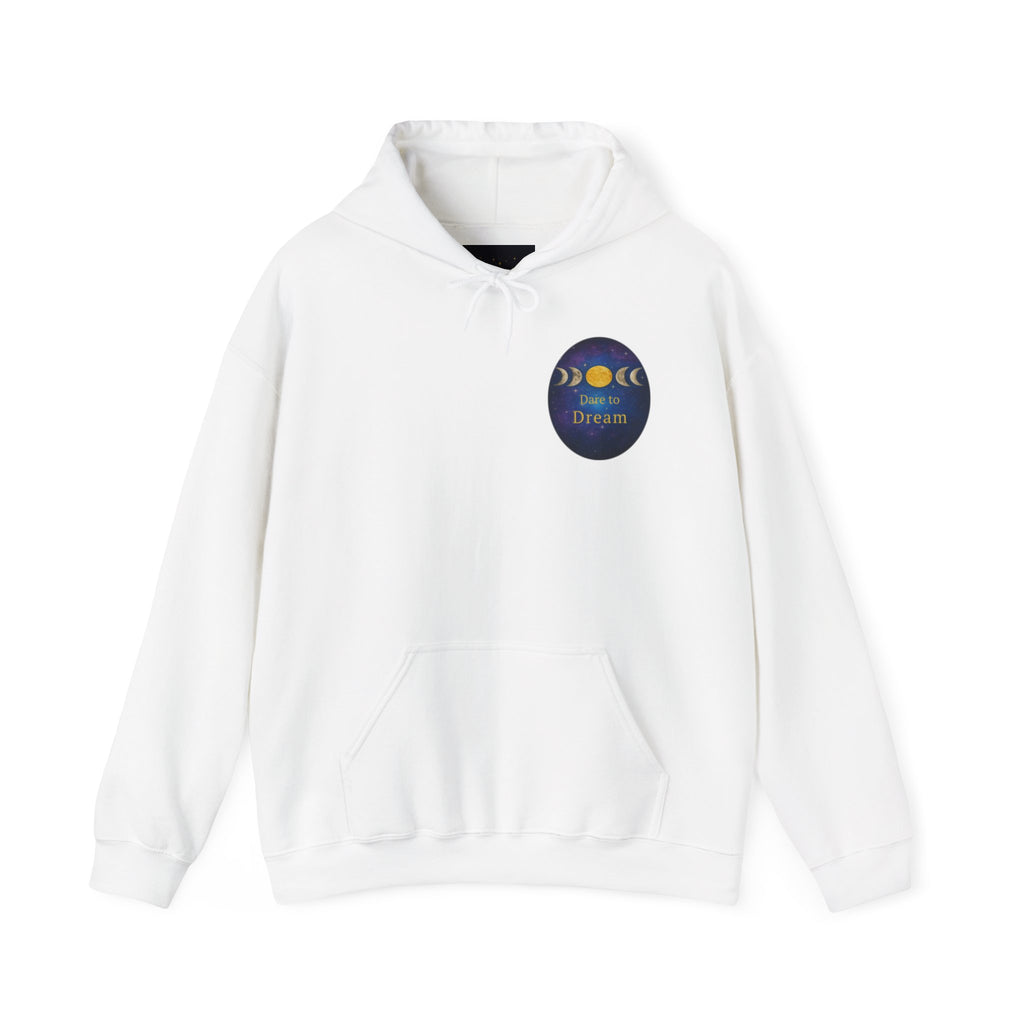 Dare to Dream Moon-Phase Hoodie | Back Glow Print + Front Badge | Heavy Blend™, Inspirational and Motivational Apparel, Gift for Dreamers, Creative Expression Wear