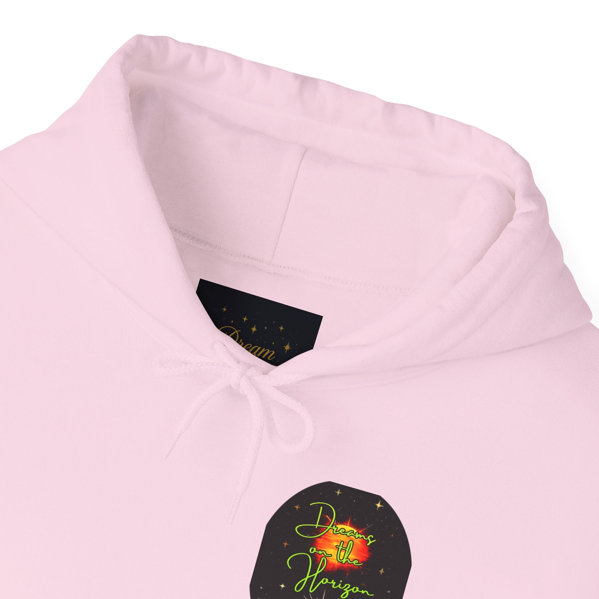 Dreams on the Horizon (Lemongrass) Sunrise Back Print Hooded Sweatshirt, Inspirational and Motivational Apparel, Gift for Dreamers, Creative Expression Wear