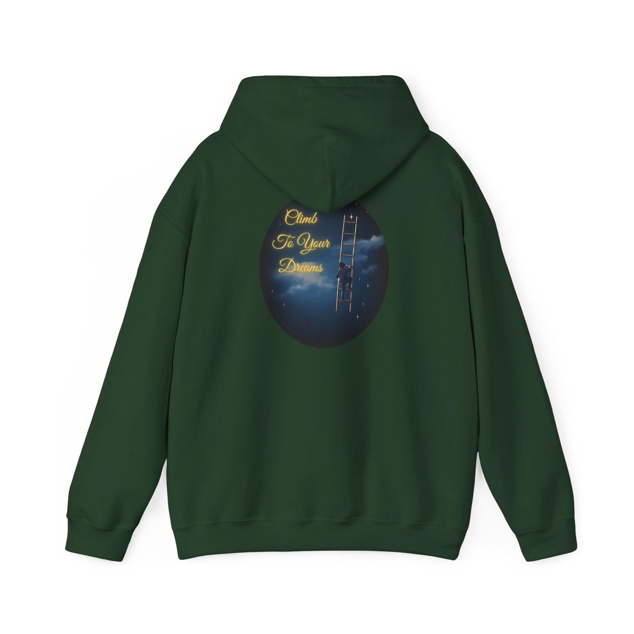 Climb To Your Dreams – Starry Night Ladder-to-Moon Back-Print Hoodie + Front Badge | Gildan 18500, Inspirational and Motivational Apparel, Gift for Dreamers, Creative Expression Wear