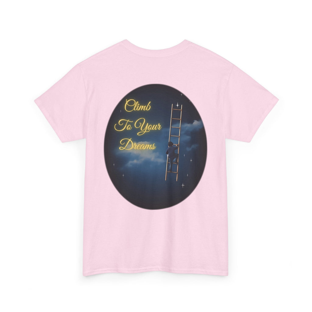 Climb To Your Dreams – Starry Night Ladder Back-Print Tee + Front Badge | Gildan 5000, Inspirational and Motivational Apparel, Gift for Dreamers, Creative Expression Wear