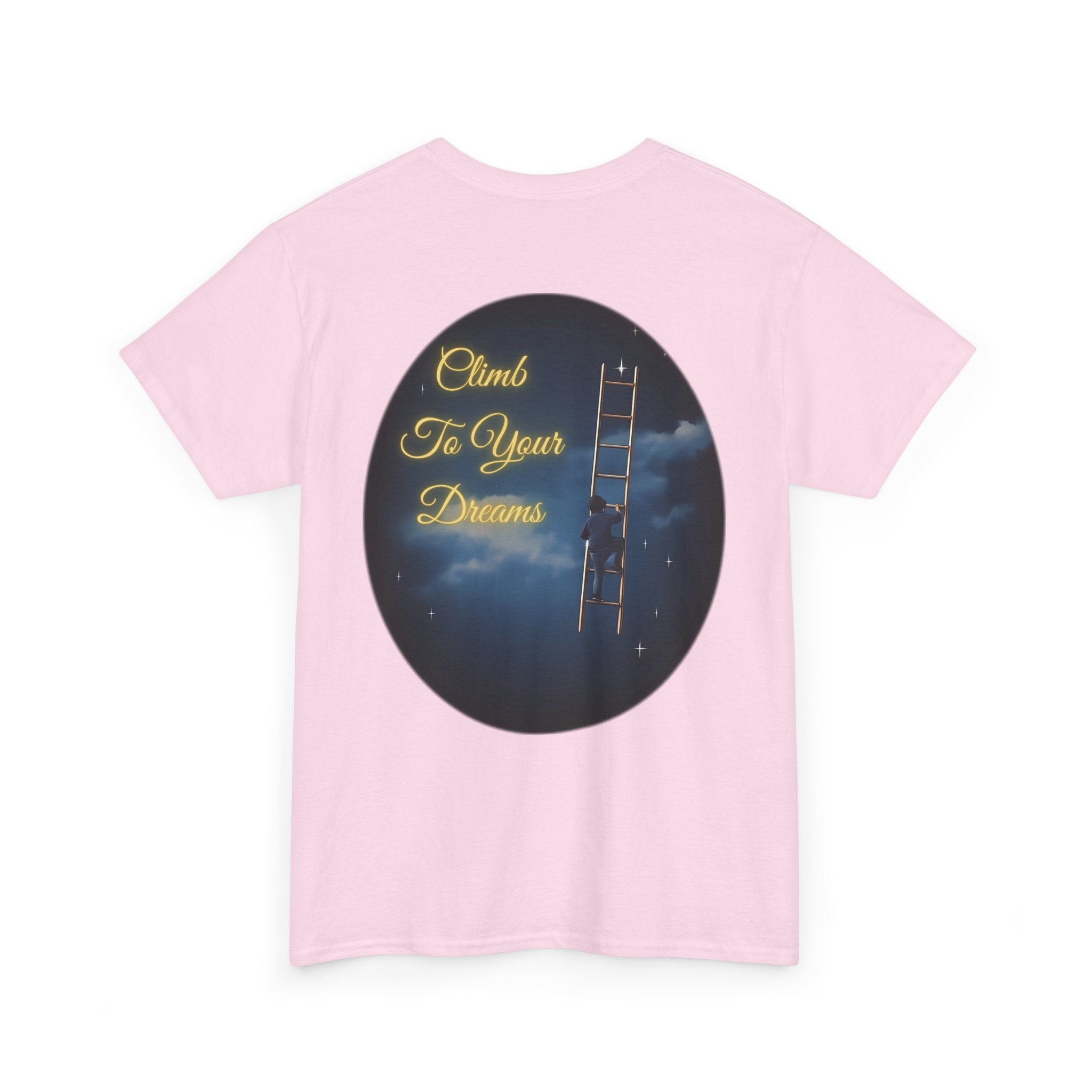 Climb To Your Dreams – Starry Night Ladder Back-Print Tee + Front Badge | Gildan 5000, Inspirational and Motivational Apparel, Gift for Dreamers, Creative Expression Wear