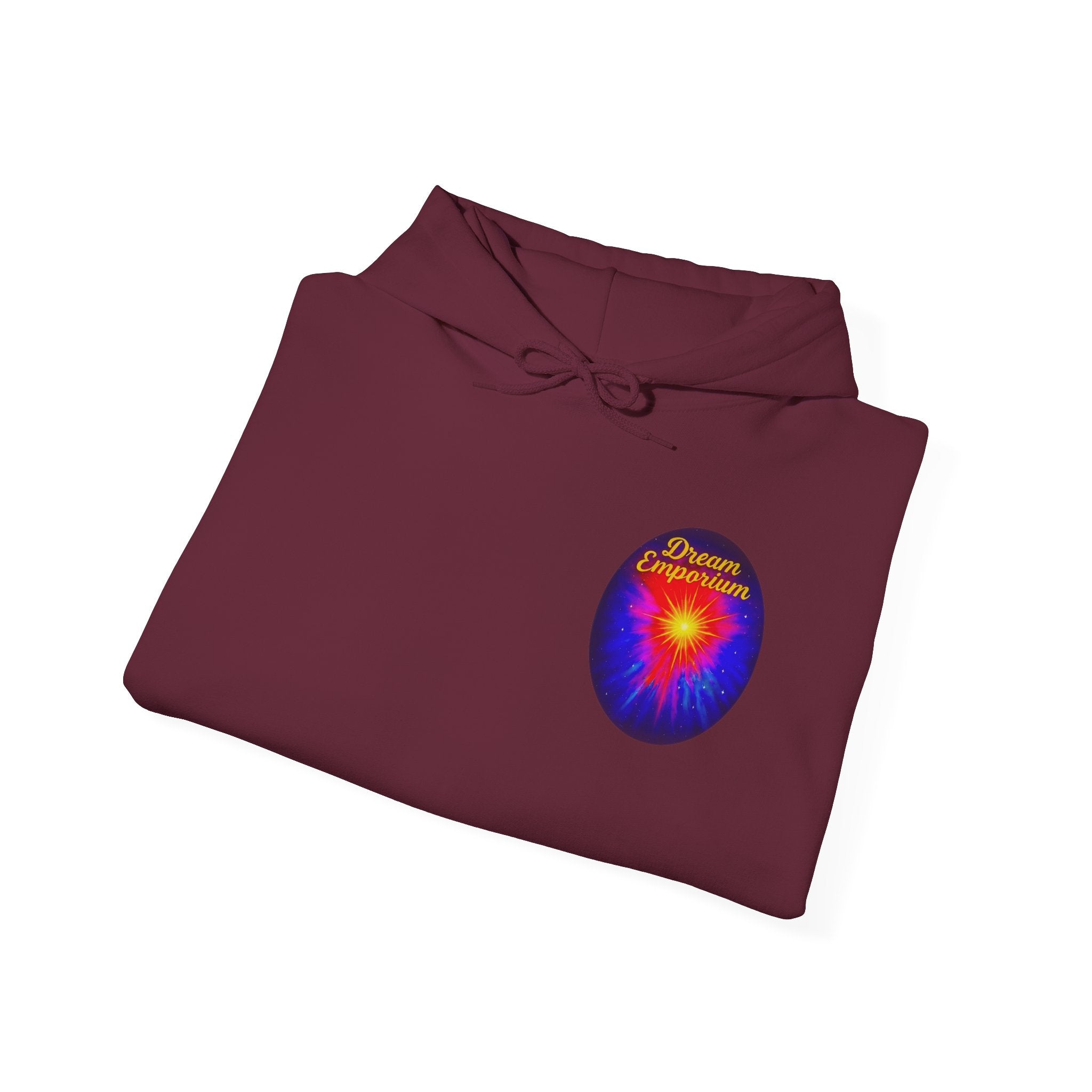 Dream Emporium – Back Printed Radiant Starburst Heavy Blend™ Hooded Sweatshirt, Inspirational and Motivational Apparel, Gift for Dreamers, Creative Expression Wear