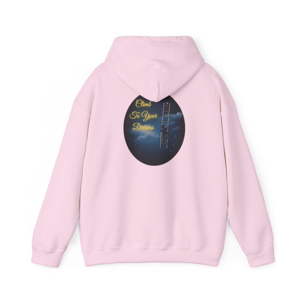 Climb To Your Dreams – Starry Night Ladder-to-Moon Back-Print Hoodie + Front Badge | Gildan 18500, Inspirational and Motivational Apparel, Gift for Dreamers, Creative Expression Wear