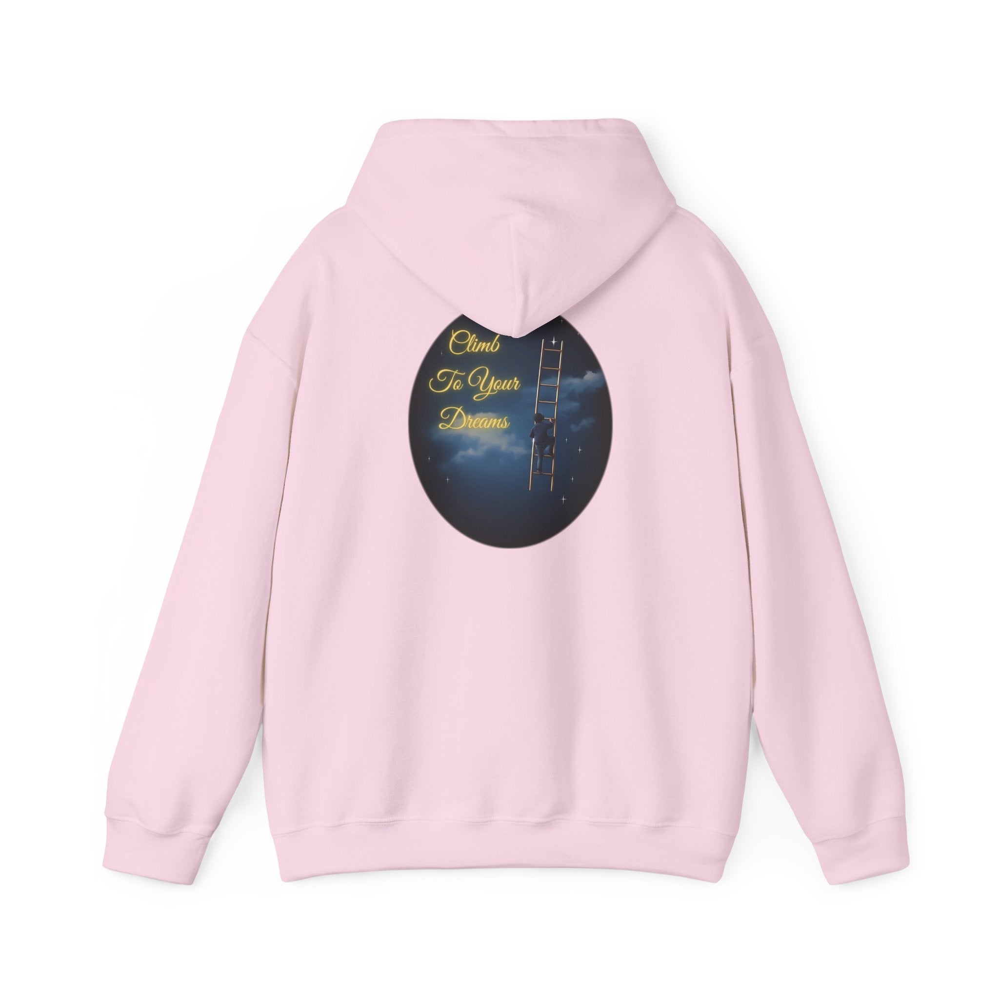 Climb To Your Dreams – Starry Night Ladder-to-Moon Back-Print Hoodie + Front Badge | Gildan 18500, Inspirational and Motivational Apparel, Gift for Dreamers, Creative Expression Wear