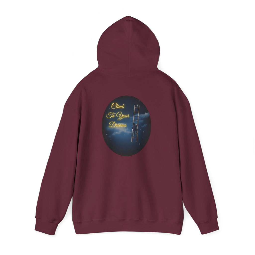 Climb To Your Dreams – Starry Night Ladder-to-Moon Back-Print Hoodie + Front Badge | Gildan 18500, Inspirational and Motivational Apparel, Gift for Dreamers, Creative Expression Wear