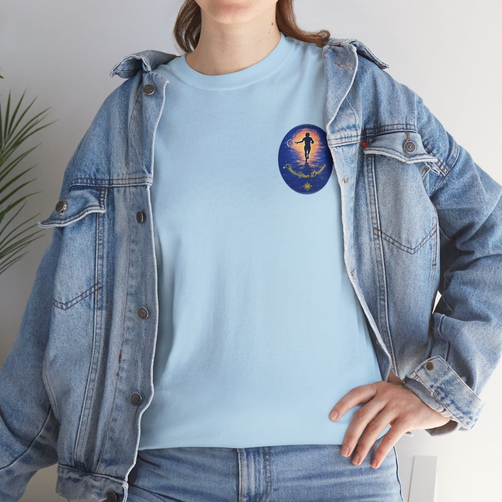Chase Your Dreams – Sunrise Silhouette Back Printed Heavy Cotton Tee, Inspirational and Motivational Apparel, Gift for Dreamers, Creative Expression Wear