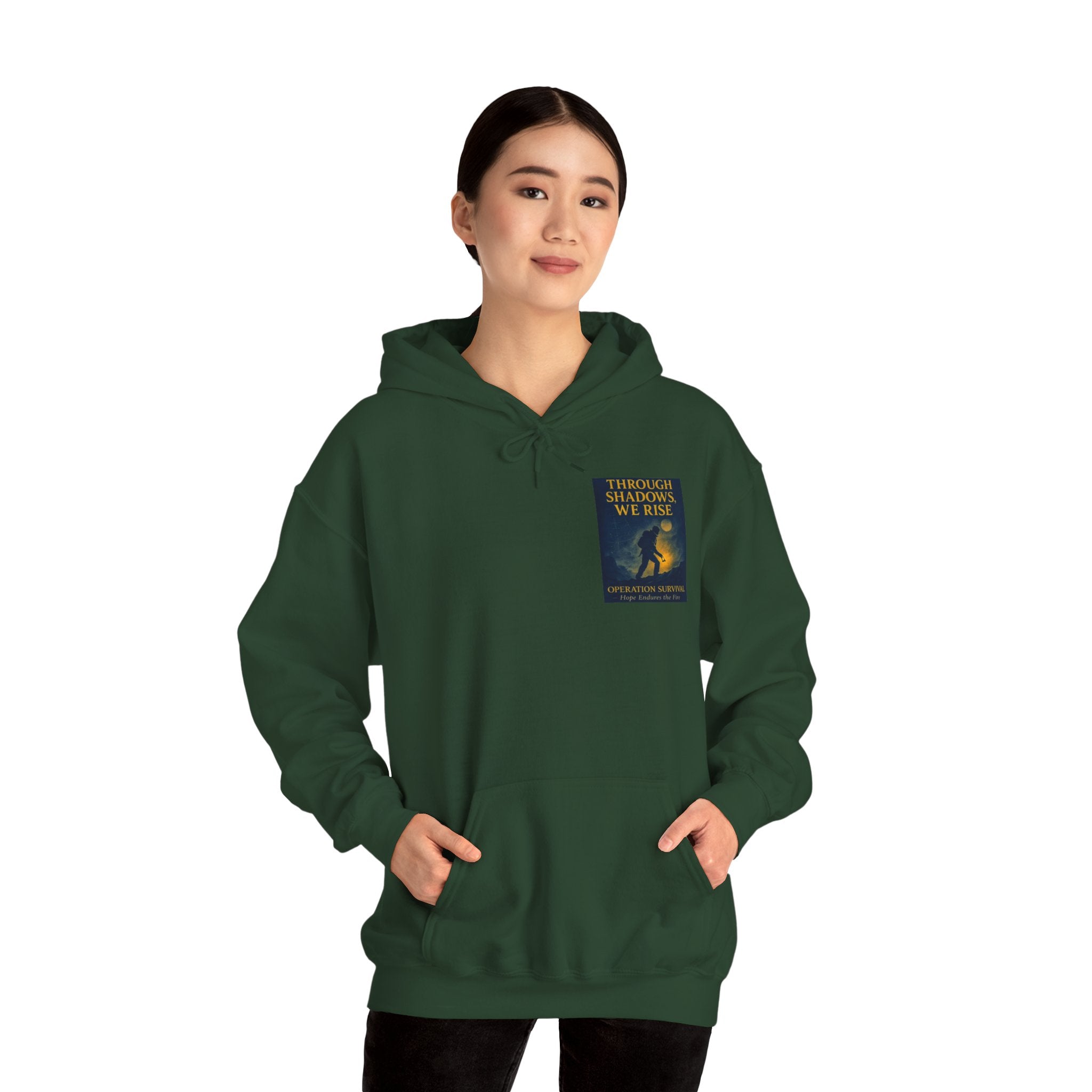 Through Shadows, We Rise – Back-print Cinematic Artwork Operation Survival Hoodie  | Gildan Heavy Blend™ 18500 — Inspirational and Motivational Apparel, Gift for Dreamers, Creative Expression Wear