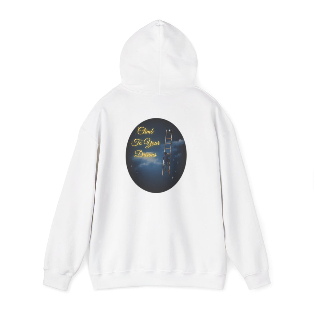 Climb To Your Dreams – Starry Night Ladder-to-Moon Back-Print Hoodie + Front Badge | Gildan 18500, Inspirational and Motivational Apparel, Gift for Dreamers, Creative Expression Wear