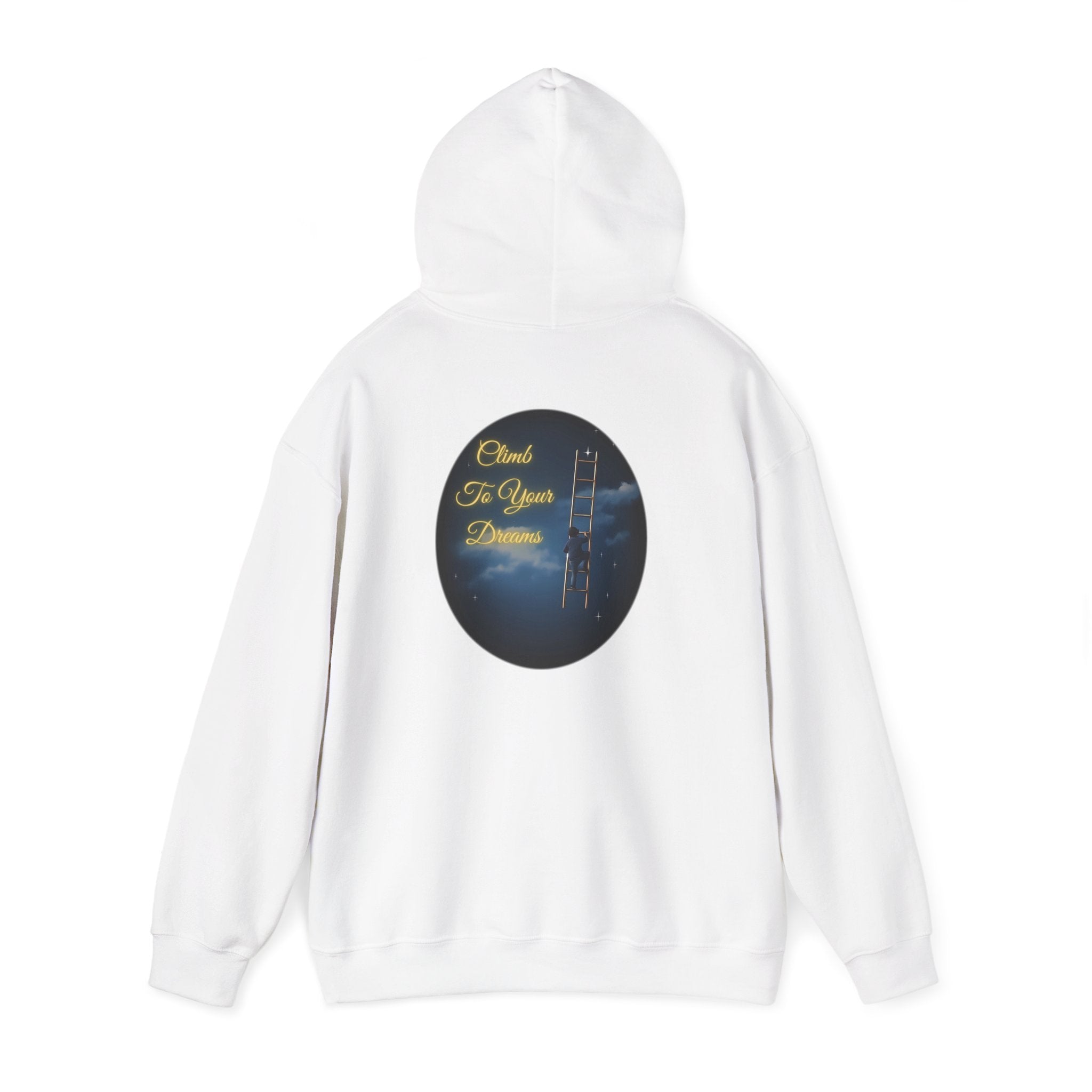 Climb To Your Dreams – Starry Night Ladder-to-Moon Back-Print Hoodie + Front Badge | Gildan 18500, Inspirational and Motivational Apparel, Gift for Dreamers, Creative Expression Wear