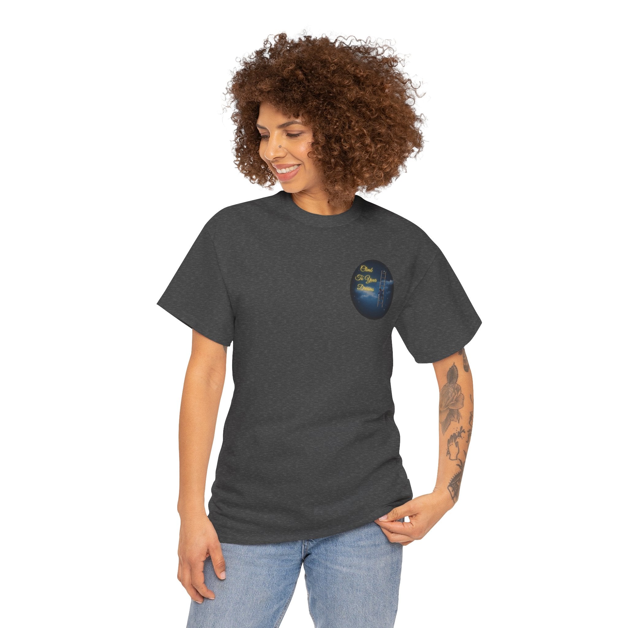 Climb To Your Dreams – Starry Night Ladder Back-Print Tee + Front Badge | Gildan 5000, Inspirational and Motivational Apparel, Gift for Dreamers, Creative Expression Wear