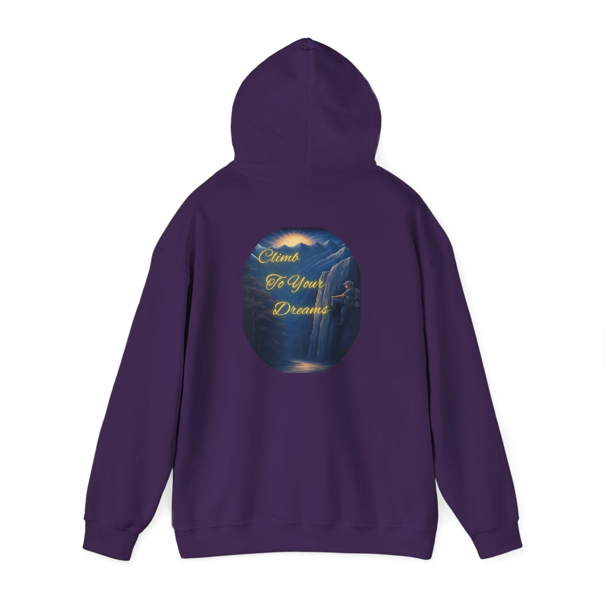 Climb To Your Dreams - Mountain Sunrise Hoodie | Back Glow Print + Front Badge | Heavy Blend™, Inspirational and Motivational Apparel, Gift for Dreamers, Creative Expression Wear