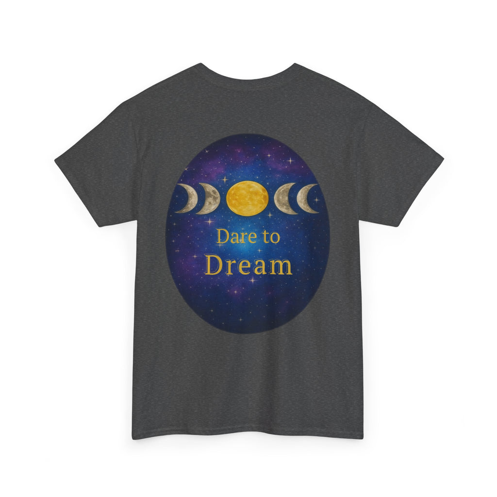 Dare to Dream Moon-Phase Tee – Golden Full Moon Back Print + Front Badge | Gildan 5000 Heavy Cotton, Inspirational and Motivational Apparel, Gift for Dreamers, Creative Expression Wear
